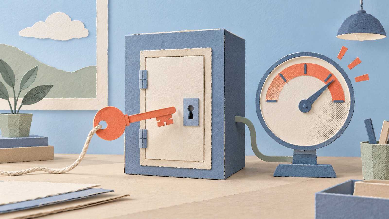 A paper-cut service cabinet with a key testing its door latch beside a misleading gauge, in a calm blue, coral, and cream collage.