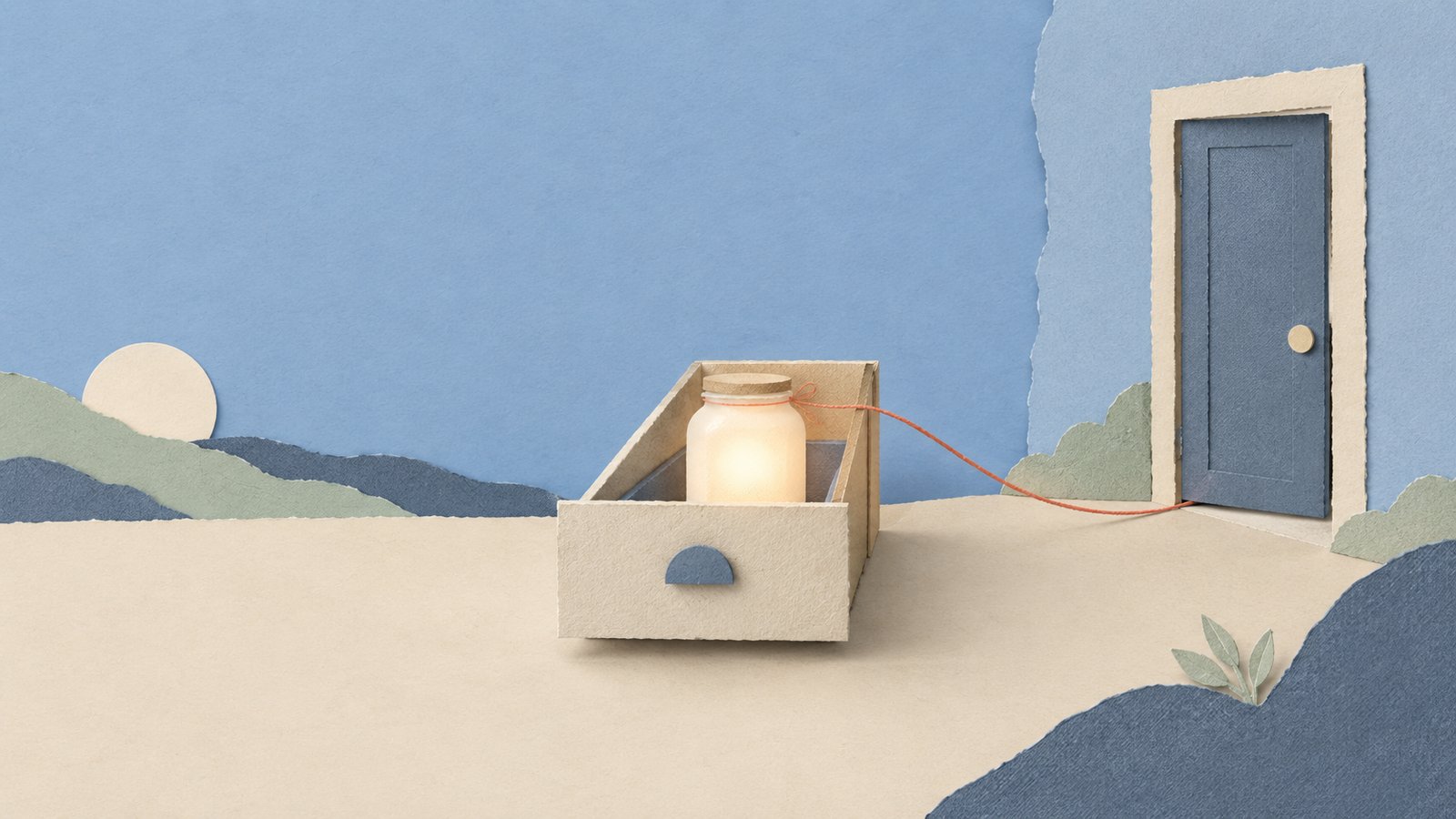 A calm paper-cut collage of a blank jar in an open drawer, its thread pausing before a closed door.