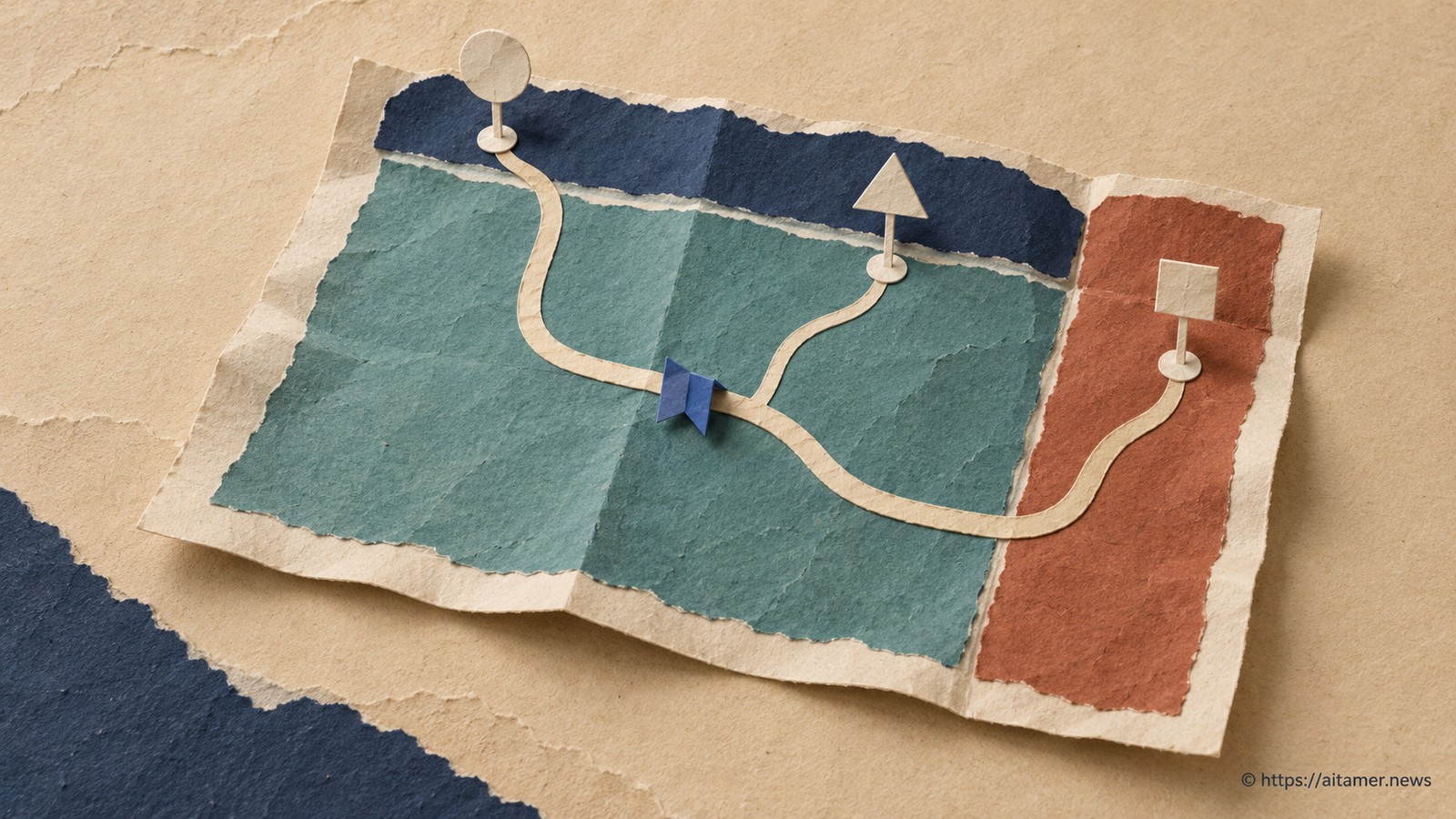 An ivory route links shape-marked header, main-content and side landmarks on a folded paper page.