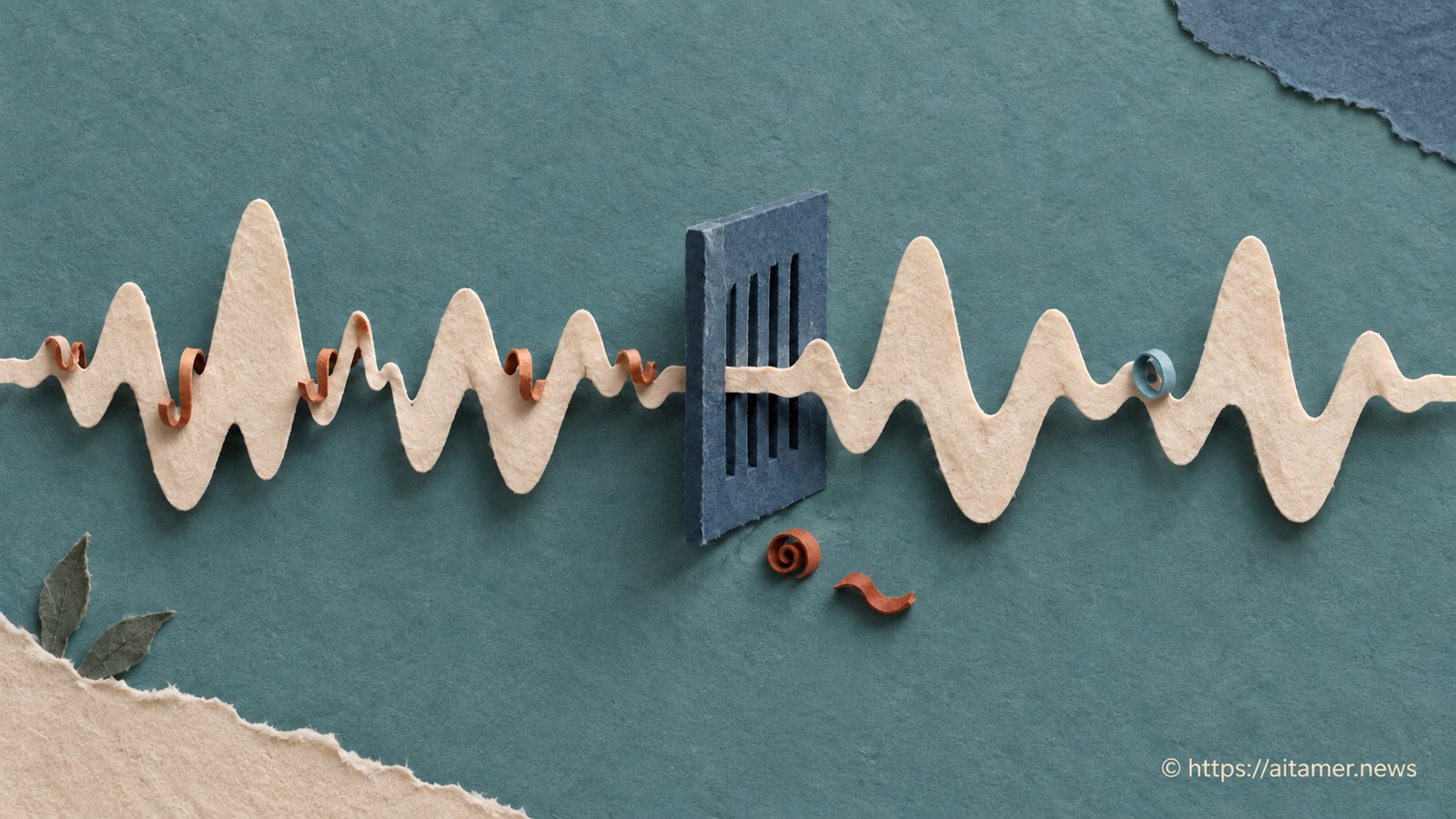A paper editing comb removes small rust curls from a speech waveform while leaving one meaningful blue loop attached.