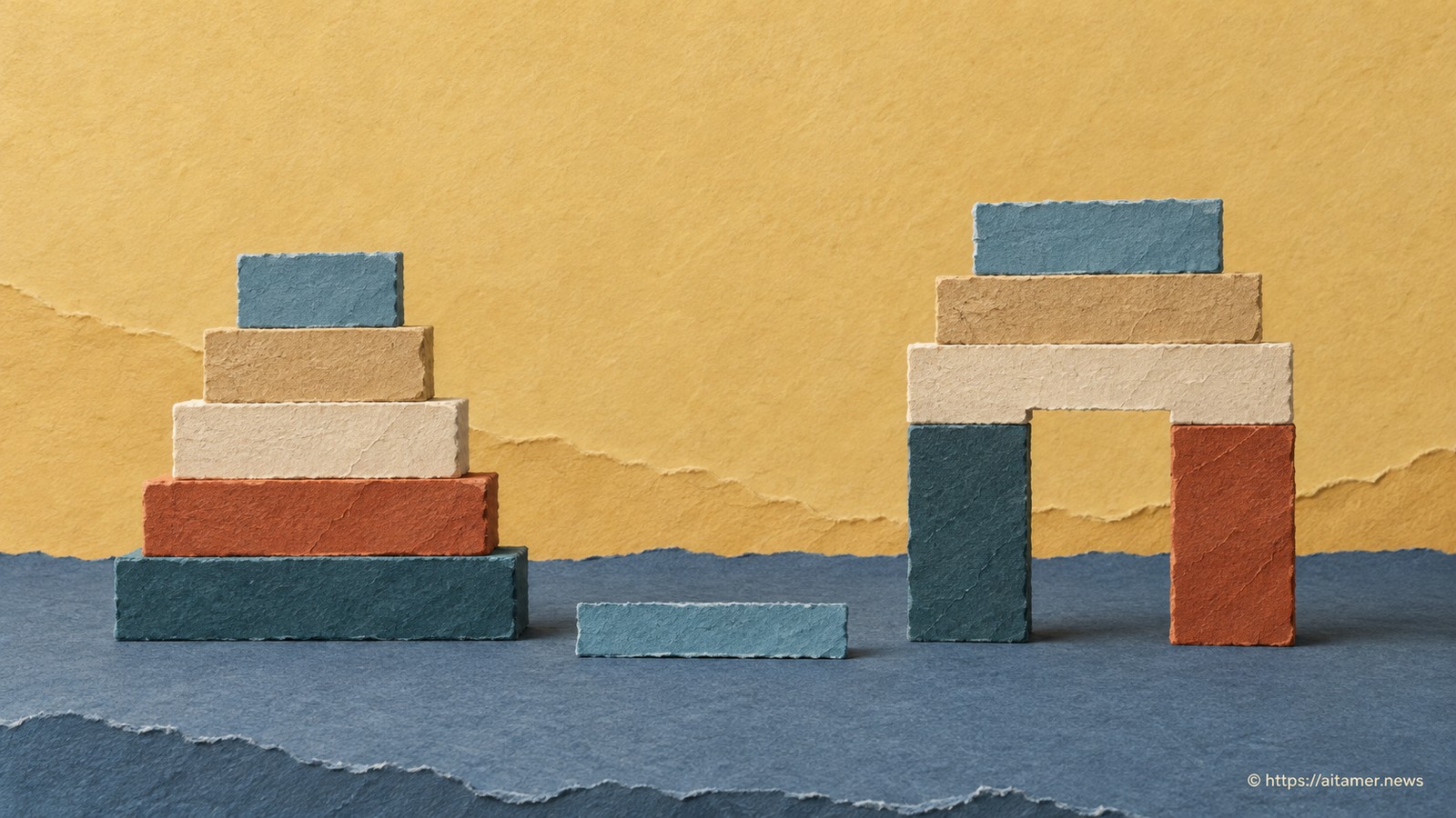 The same colored paper blocks form a stepped stack and a new arch with an opening.