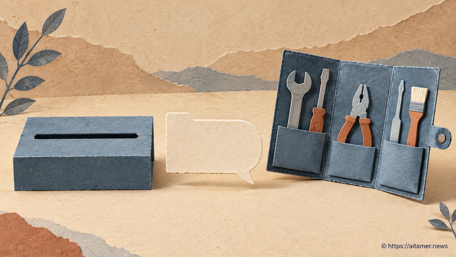 A single-slot paper tool and flexible toolkit face a cream task card with a speech-shaped edge.