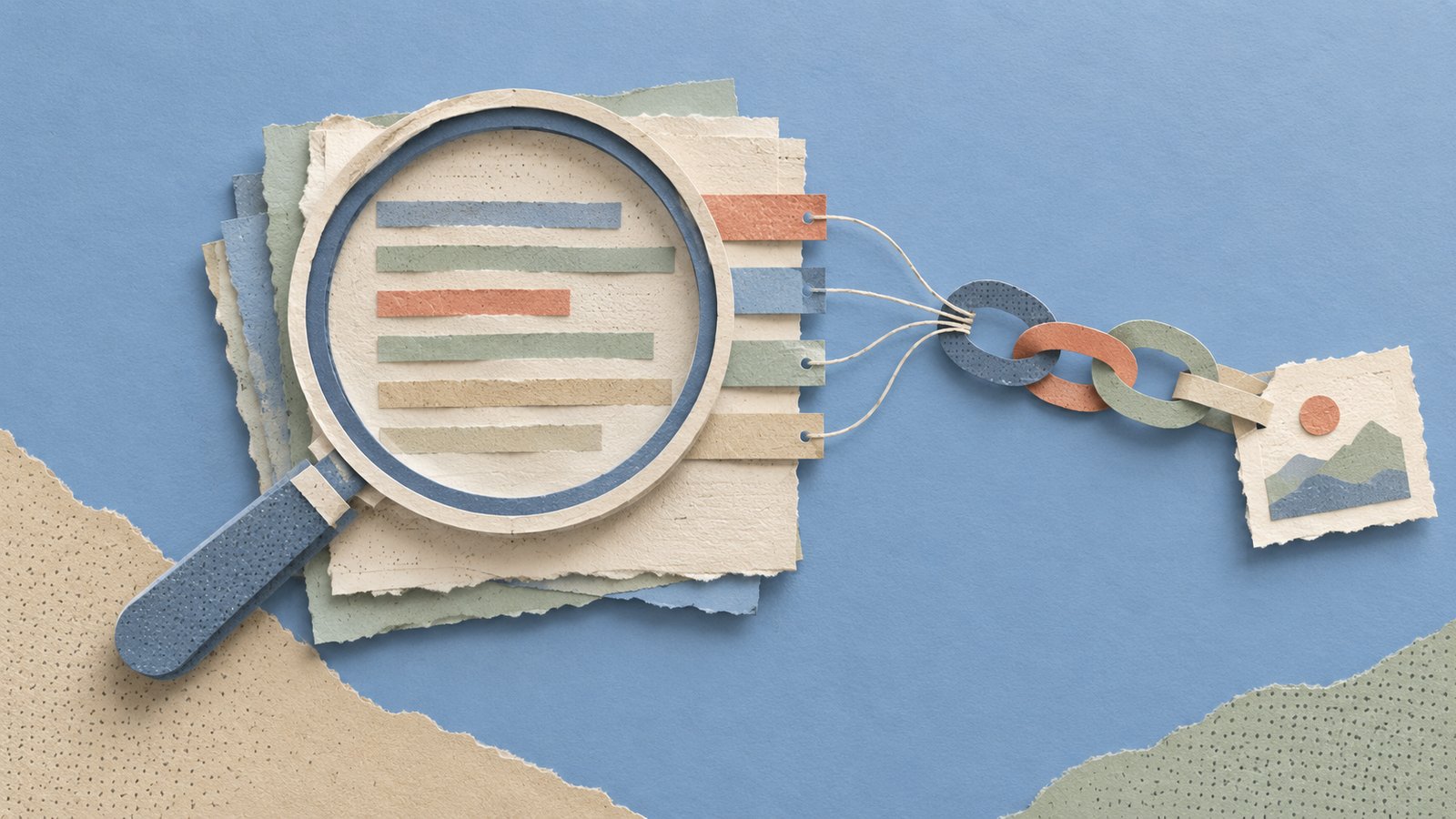 A layered paper-cut ledger under a magnifying glass, with quiet paper tabs and source links in soft blue, coral, cream, sand, sage, and slate.