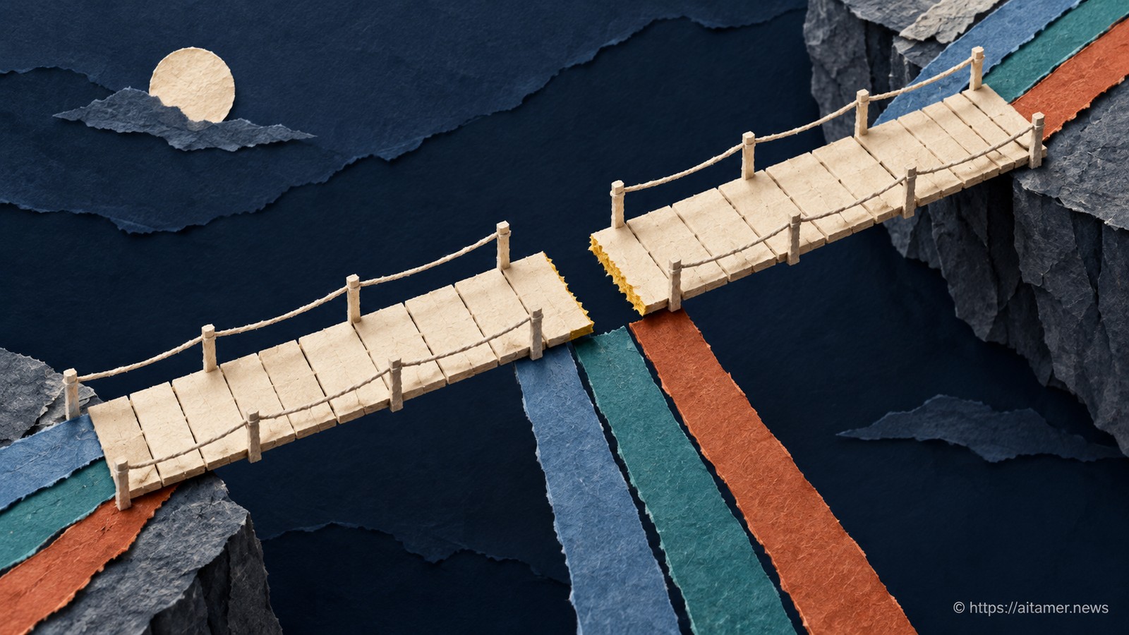 Three separately colored paper streams meet the same missing plank in a shared cream bridge.