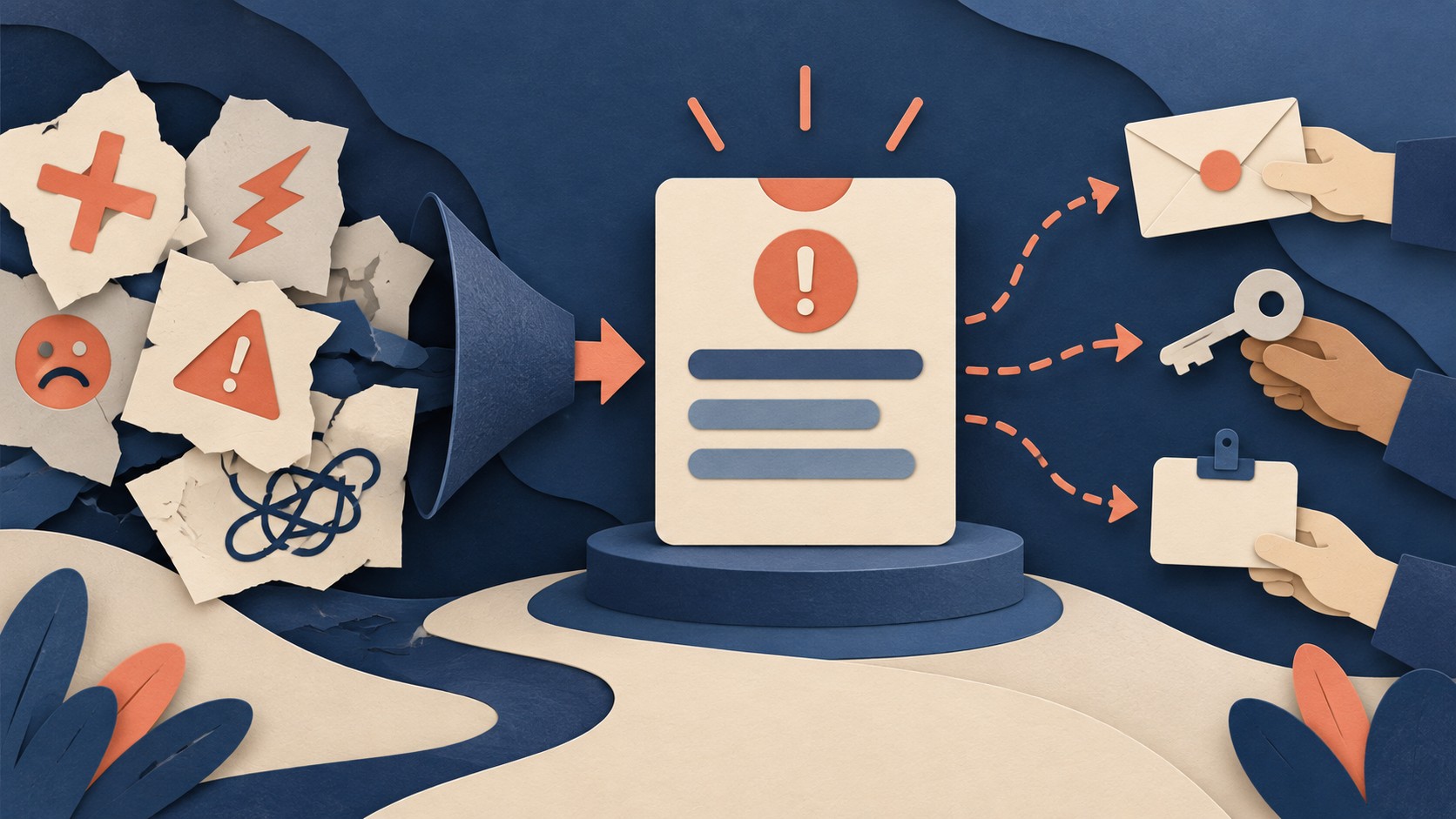 Different error symbols pass through a funnel into one consistent alert card.