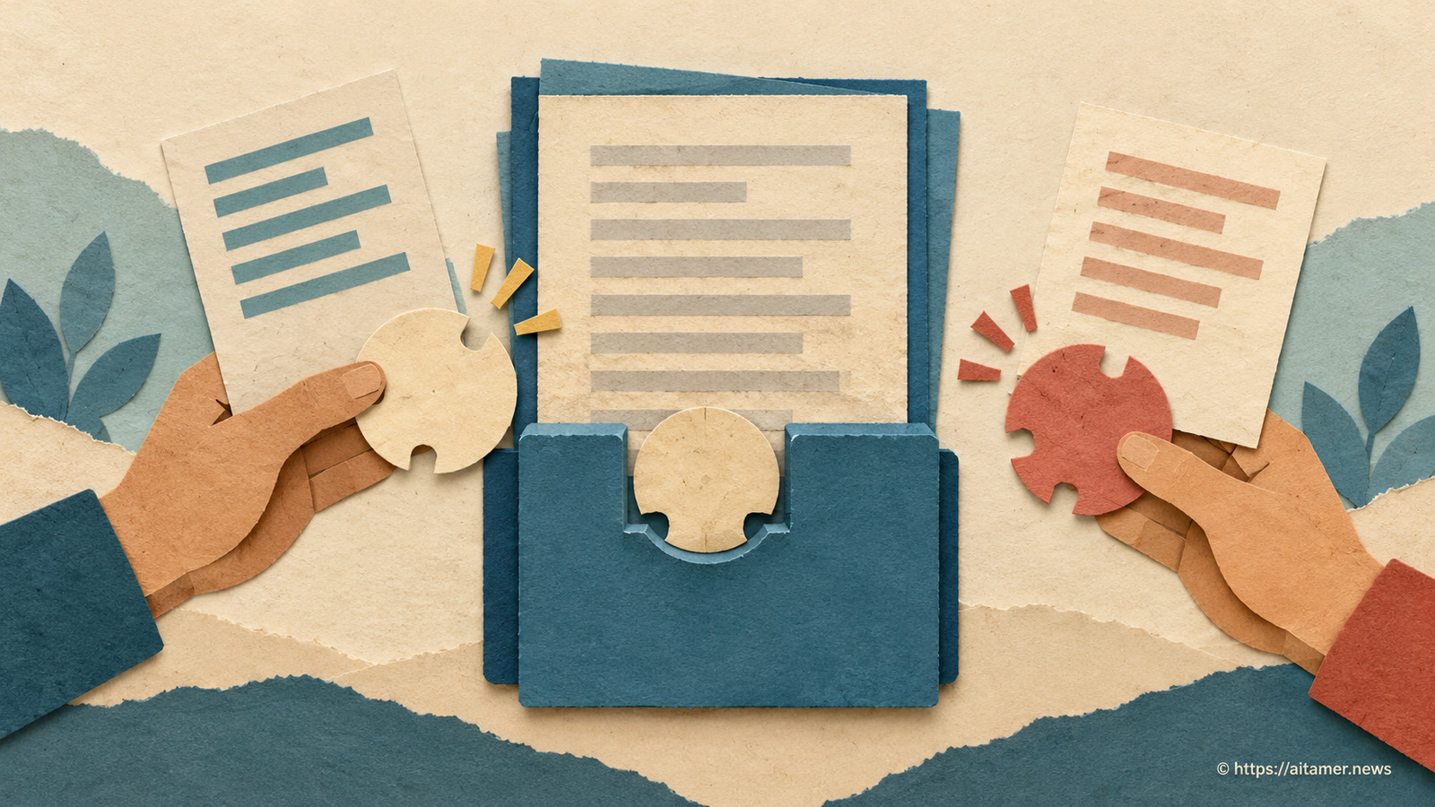 Two paper hands hold revision sheets and differently notched tokens beside a central document holder.
