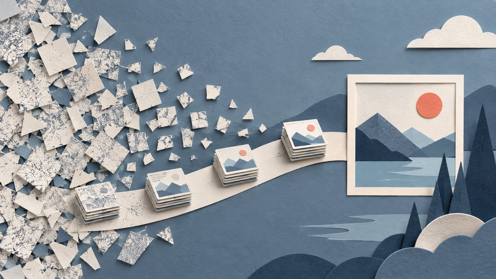 A paper-cut collage of loose cream fragments resolving along a slate-blue path into a framed mountain image with one coral sun.