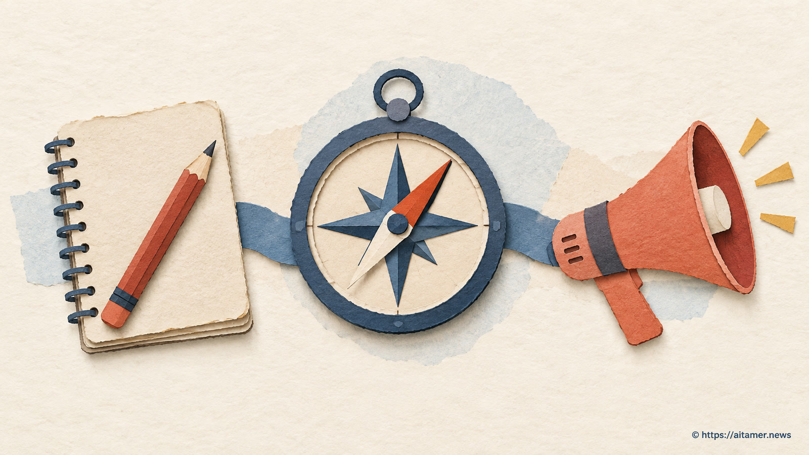 A blue paper band connects a blank notebook and red pencil, a large blue compass, and a coral megaphone.