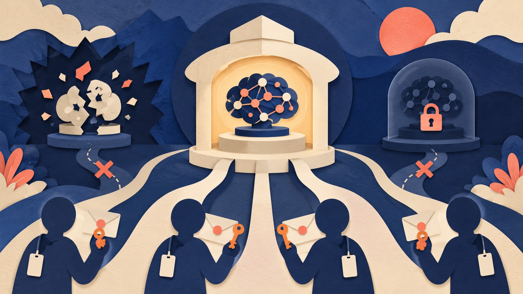 Several people hold keys and envelopes that connect to one protected model under a shared roof.