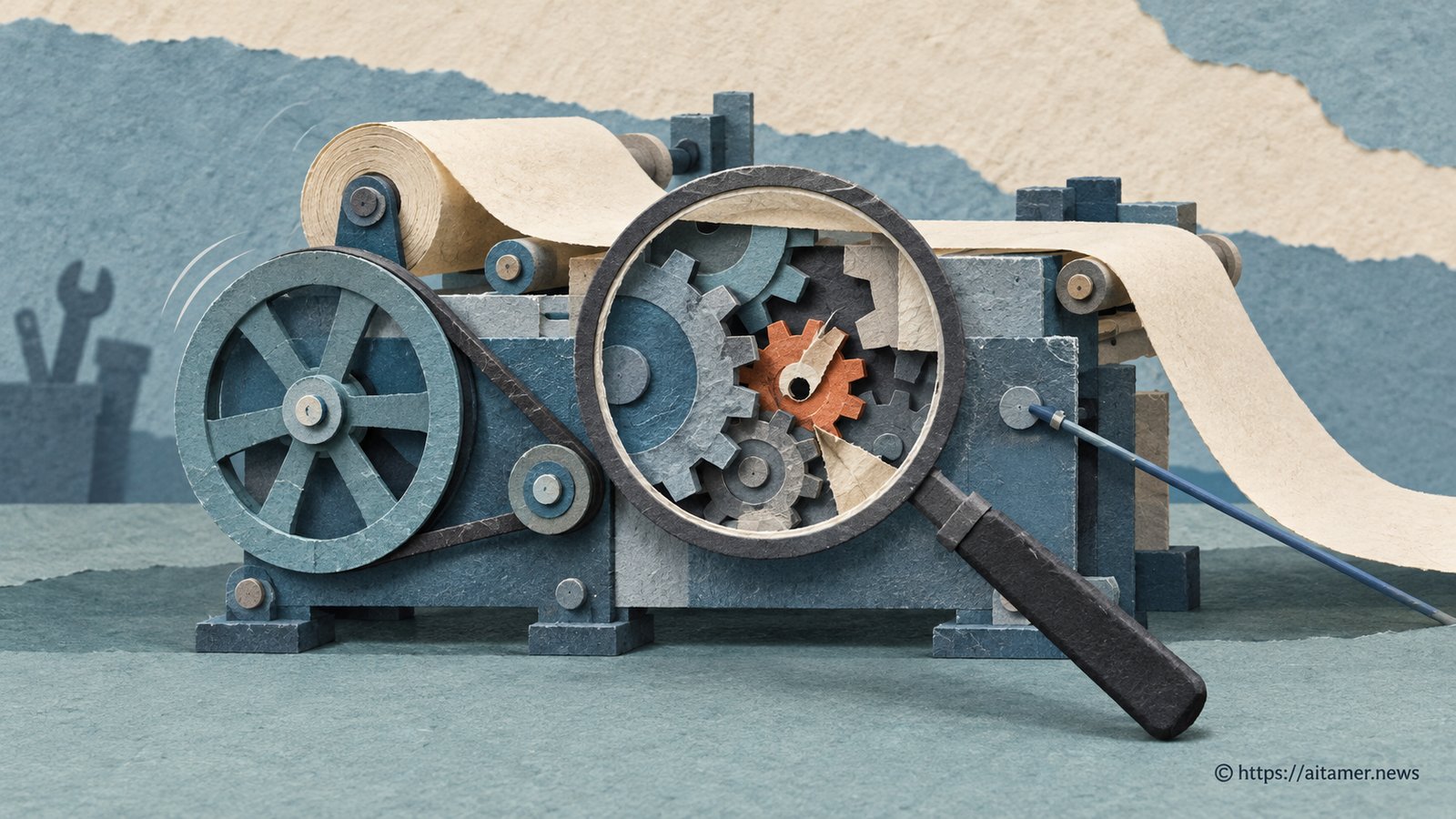 A layered paper machine keeps running as a magnifying glass reveals a jammed gear inside.