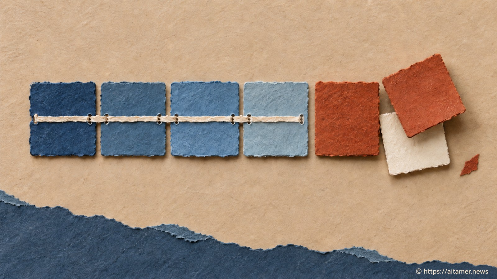 Four blue paper tiles are stitched down while two loose rust tiles form a replaceable tail.