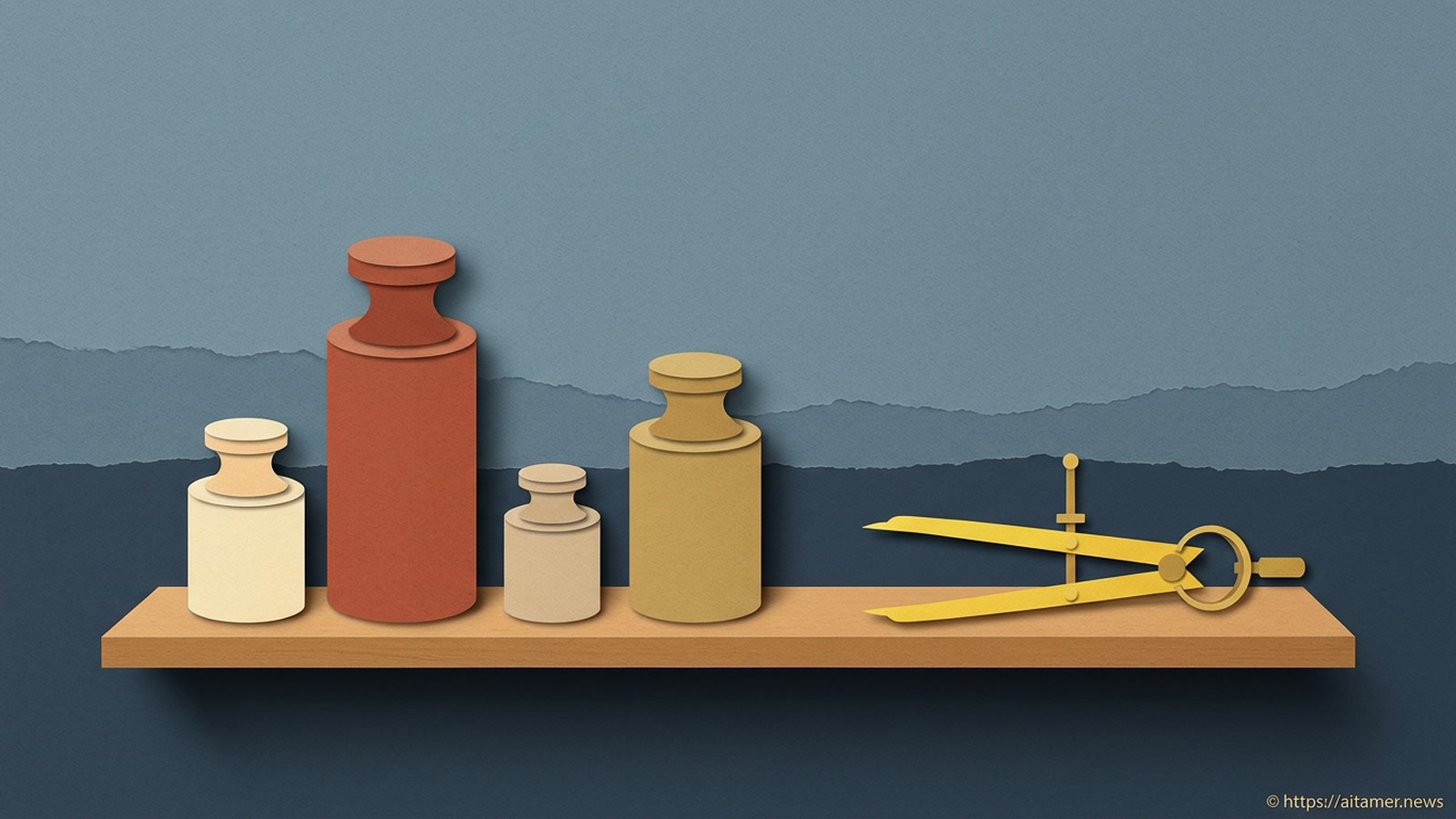 Paper weights of different sizes stand on a shelf out of size order, beside a pair of measuring calipers.