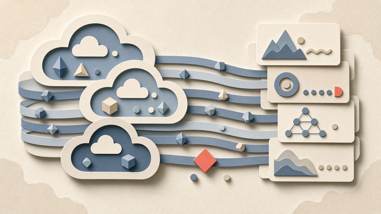 Paper-cut collage of shared cloud workspaces and automation lanes feeding team project panels, one coral trigger accent on slate fabric.