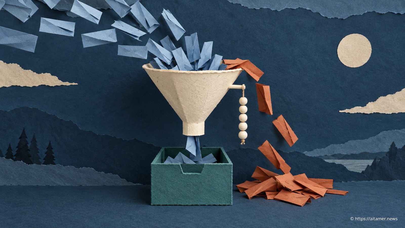 A paper funnel archives some blue messages but spills rust overflow beside a counting bead strand.