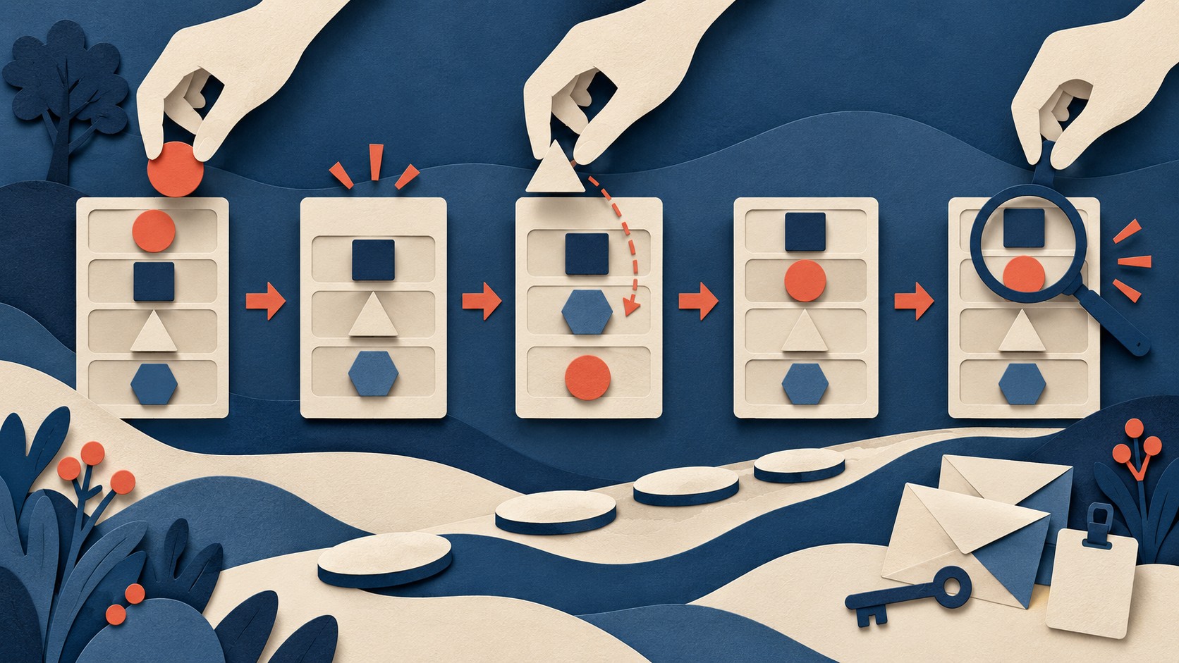 Hands make successive changes to shape cards in a sequence of trays, then inspect the result.