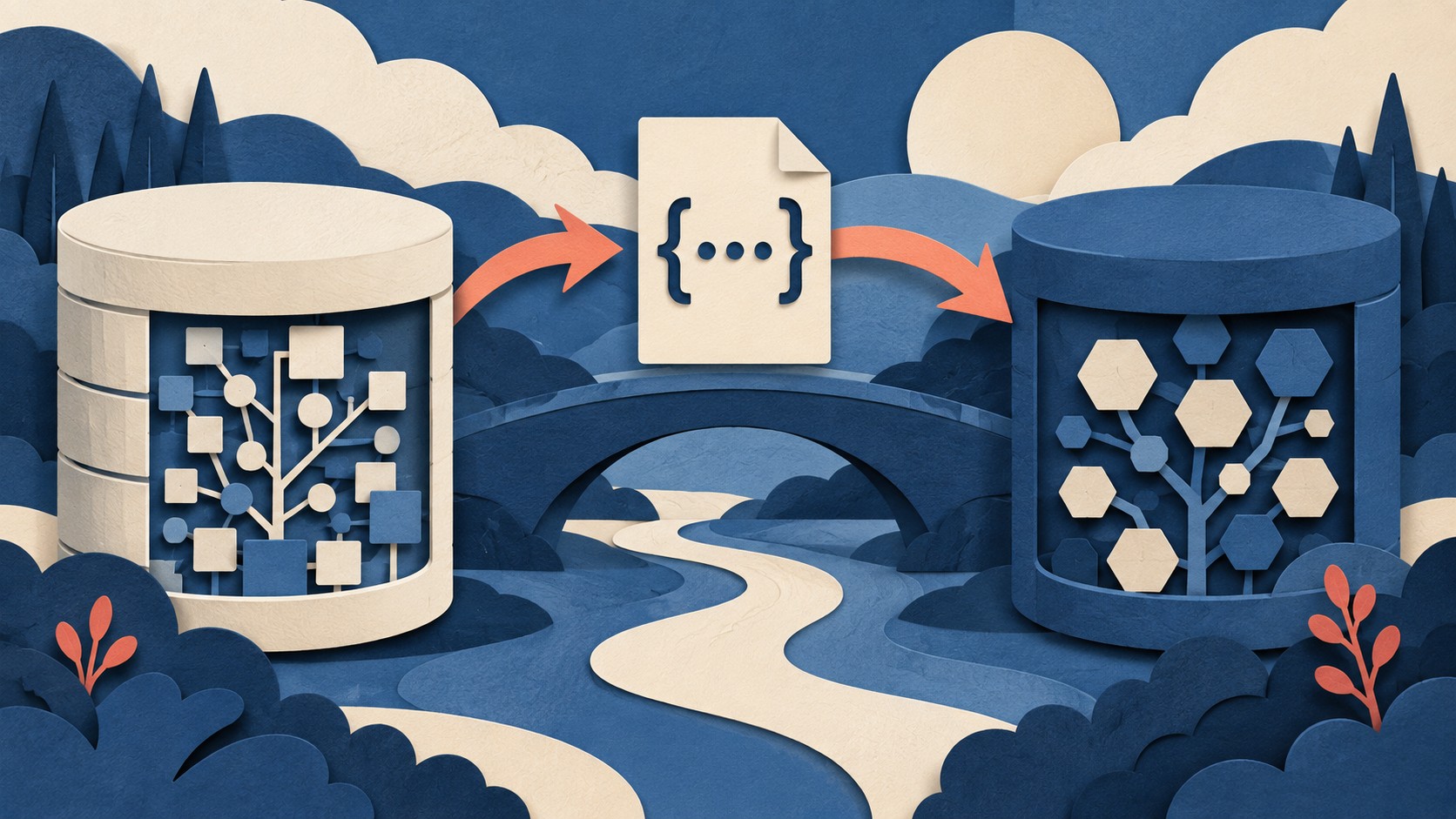 Data moves from one database through a structured document into a differently organized database.