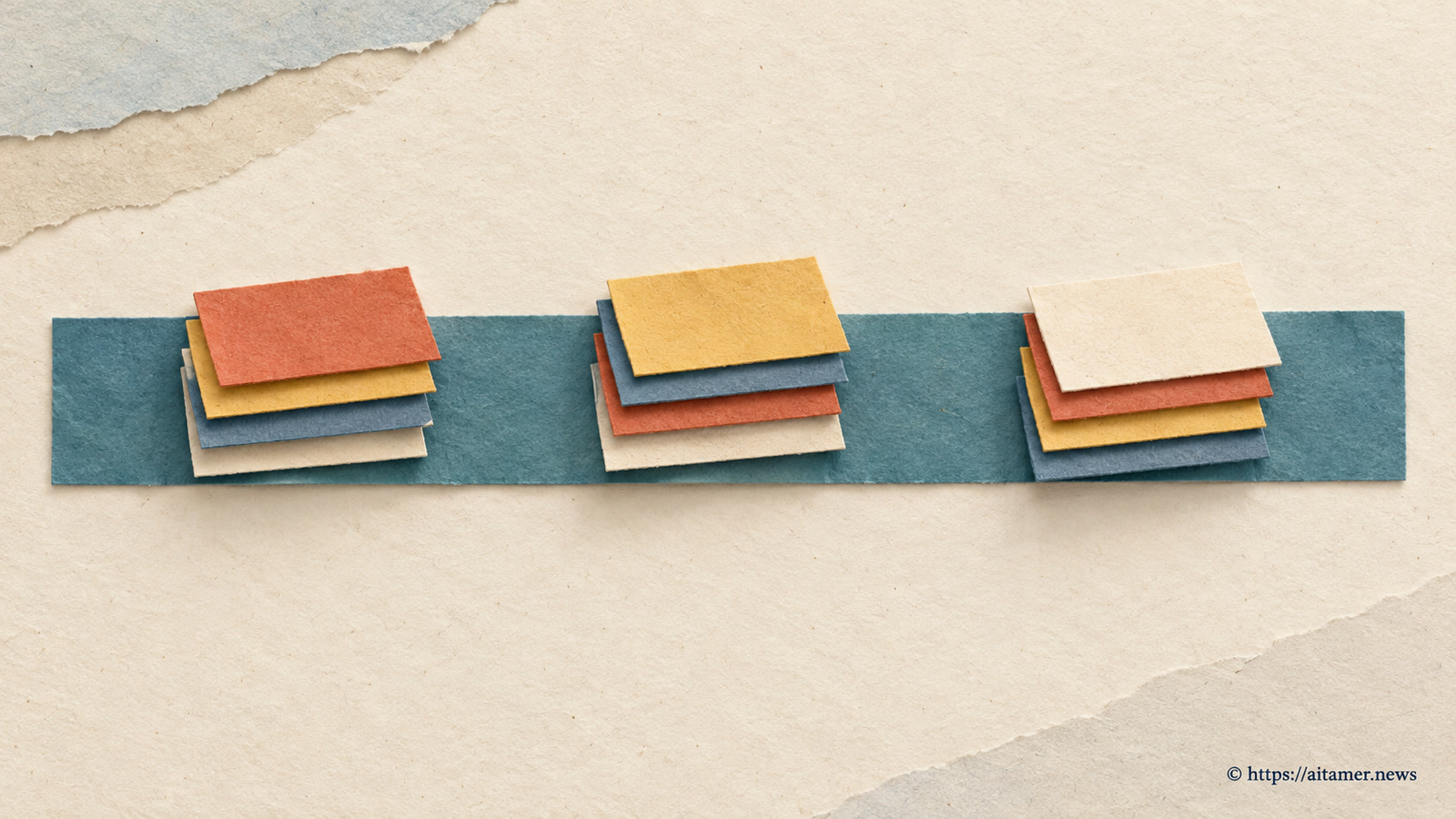 Three stacks of cream, rust, yellow and blue paper slips sit along a teal paper strip.