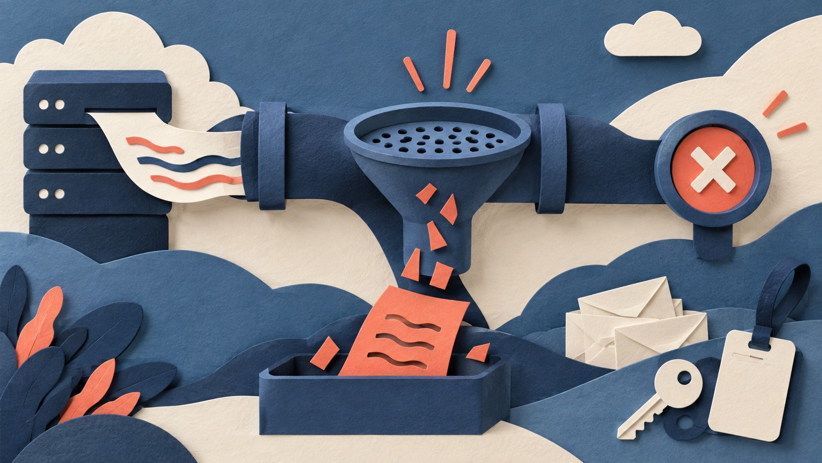 A server error flows through a pipe; its message falls into a collection tray while a failure marker stays visible.