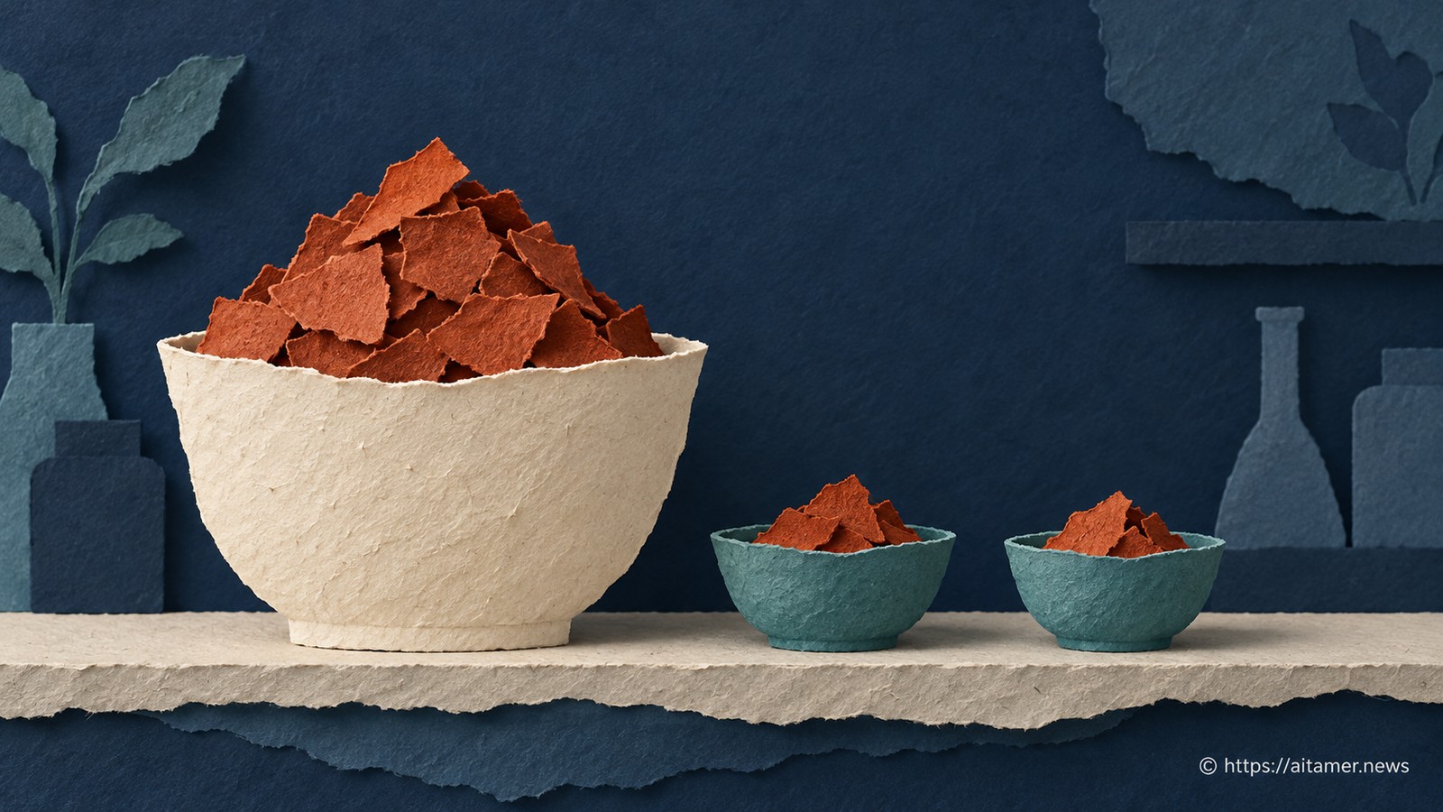 A large cream paper bowl holds most rust fragments, while two small teal bowls hold smaller portions.