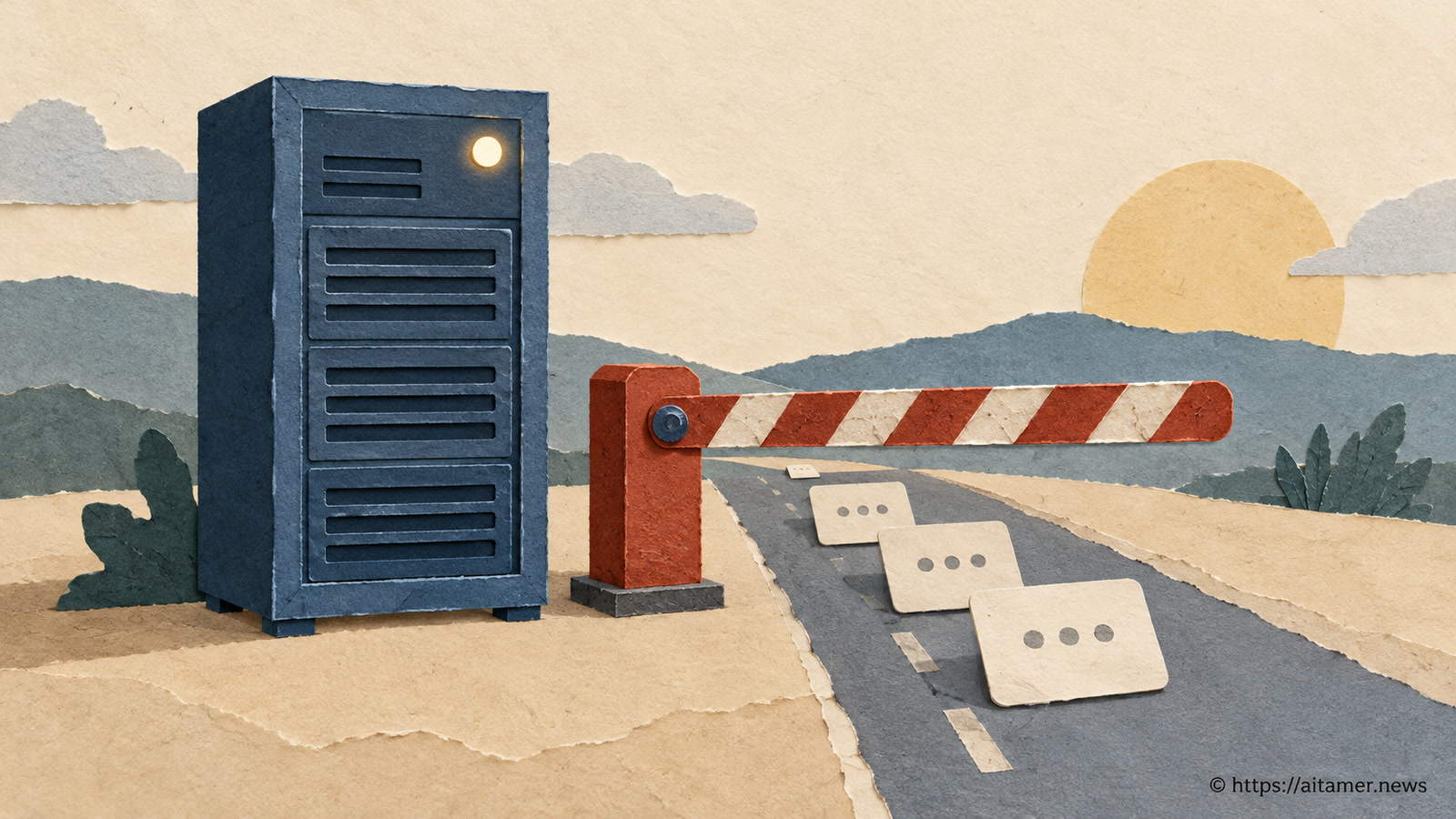 A blue paper server stands beside a lowered red-and-cream traffic barrier holding cream request cards on a road.