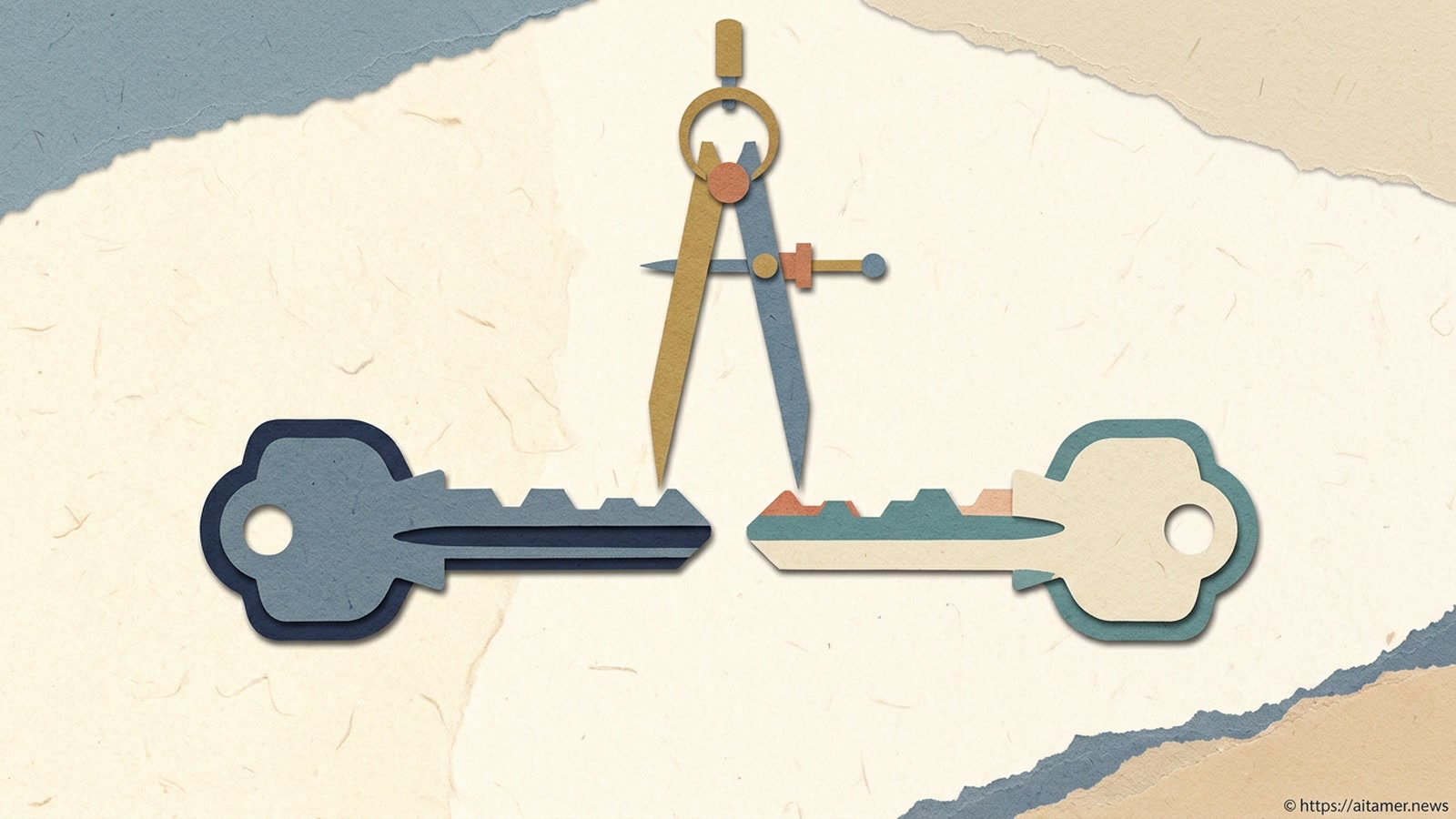 Two paper keys with slightly different teeth lie point to point beneath a drawing compass.