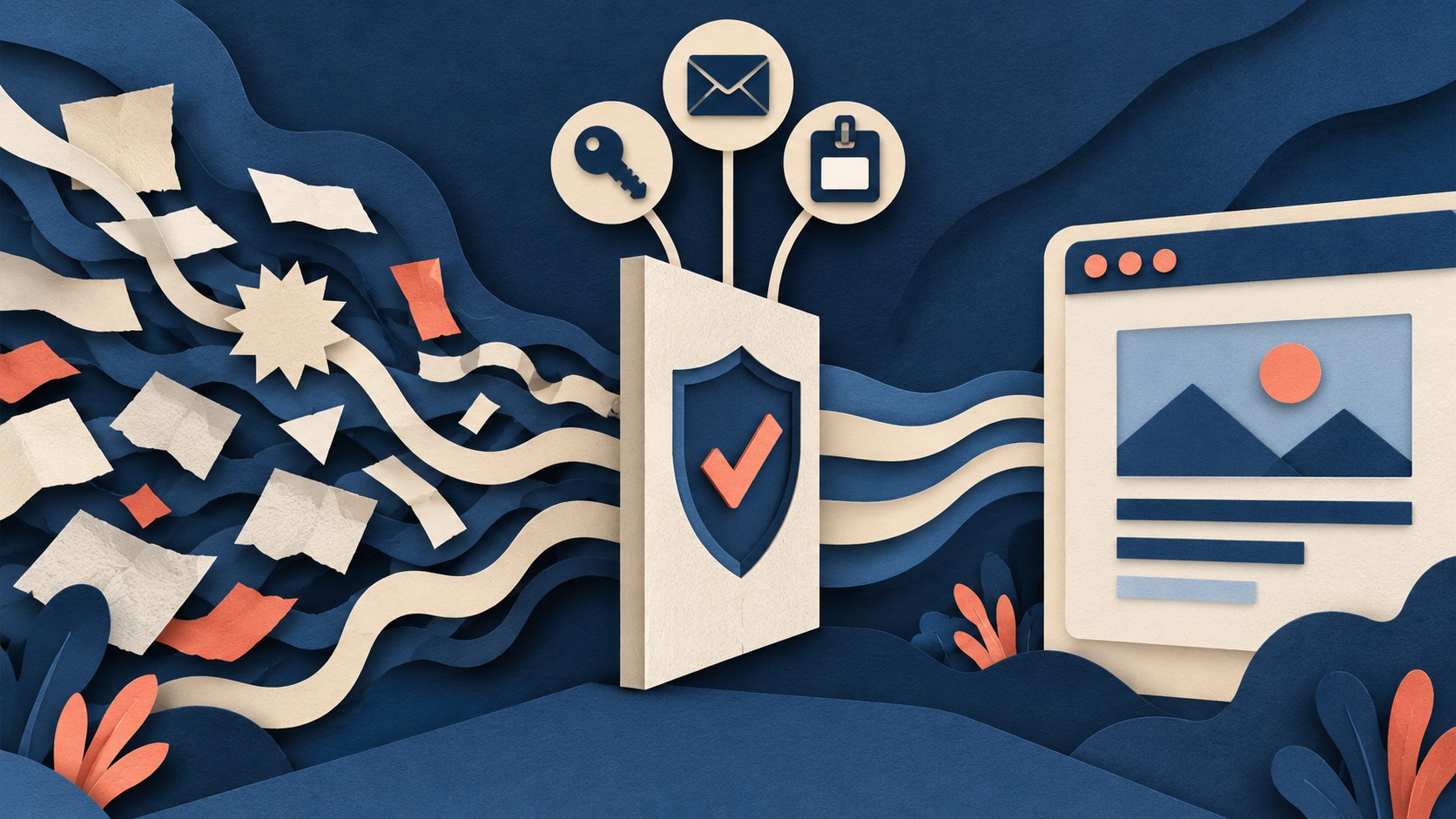 Loose paper fragments stop at a checked security barrier before reaching a web page.