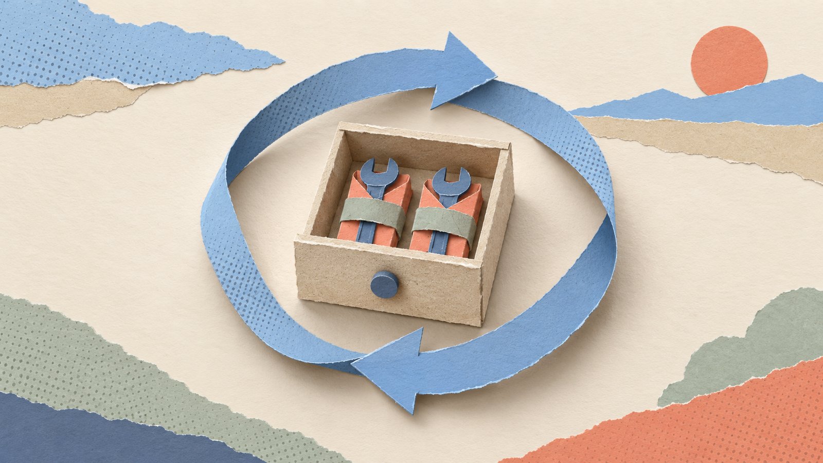 A calm paper-cut drawer sits at the center of a looping ribbon path, with matching objects neatly returned inside to suggest safe, repeatable runs.