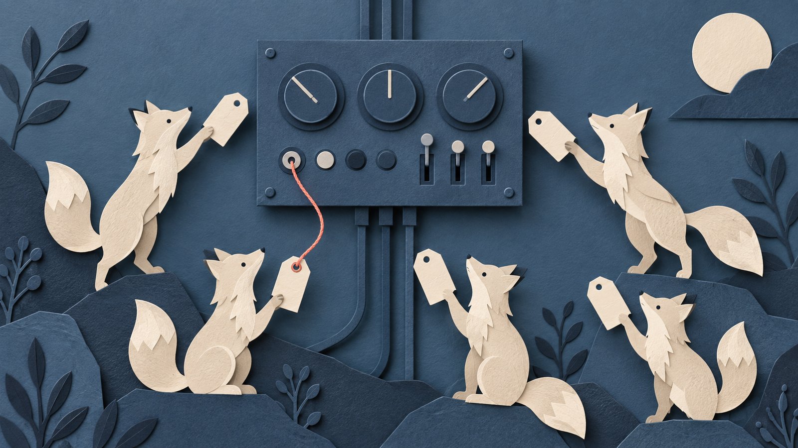 A paper-cut collage on slate blue: six cream foxes rear up toward a control panel with three dials and a row of switches, each holding a blank cream tag, and one coral thread ties a single tag to the panel.