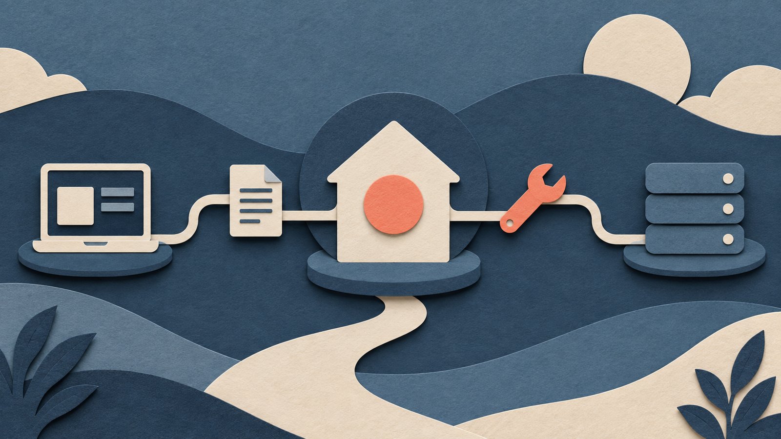 A paper-cut collage of a cream host hub linking a laptop, a document and a tool to a slate-blue server stack with a coral connection point.
