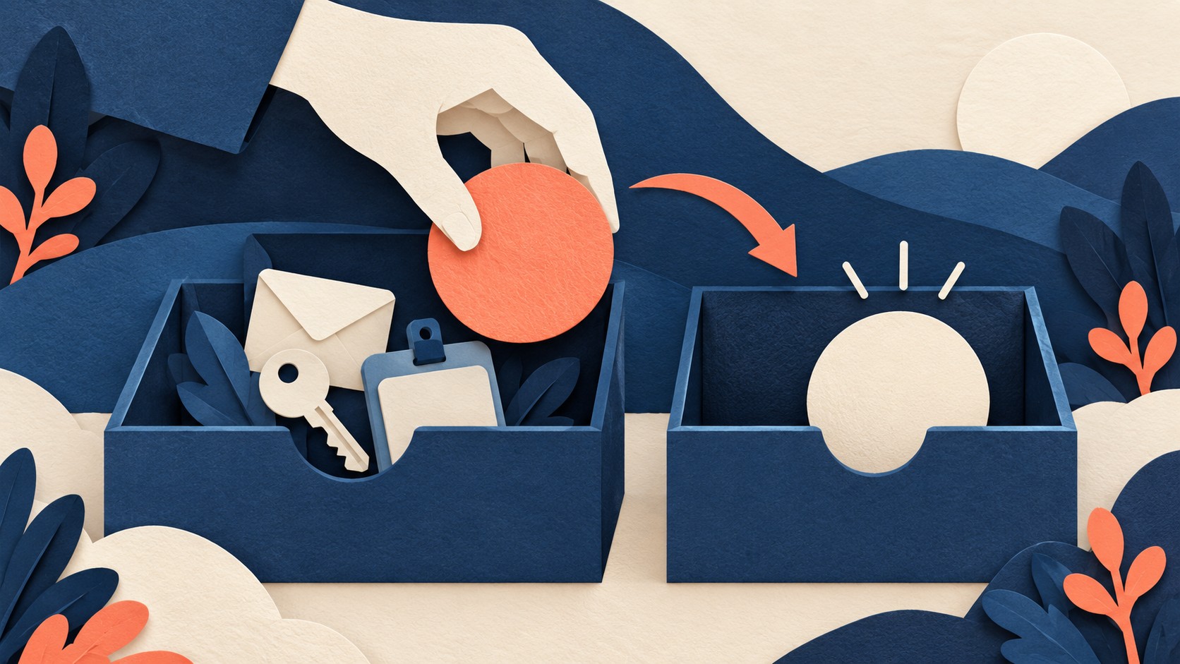 A hand moves a colored disc from one container to another, leaving a plain disc in its place.