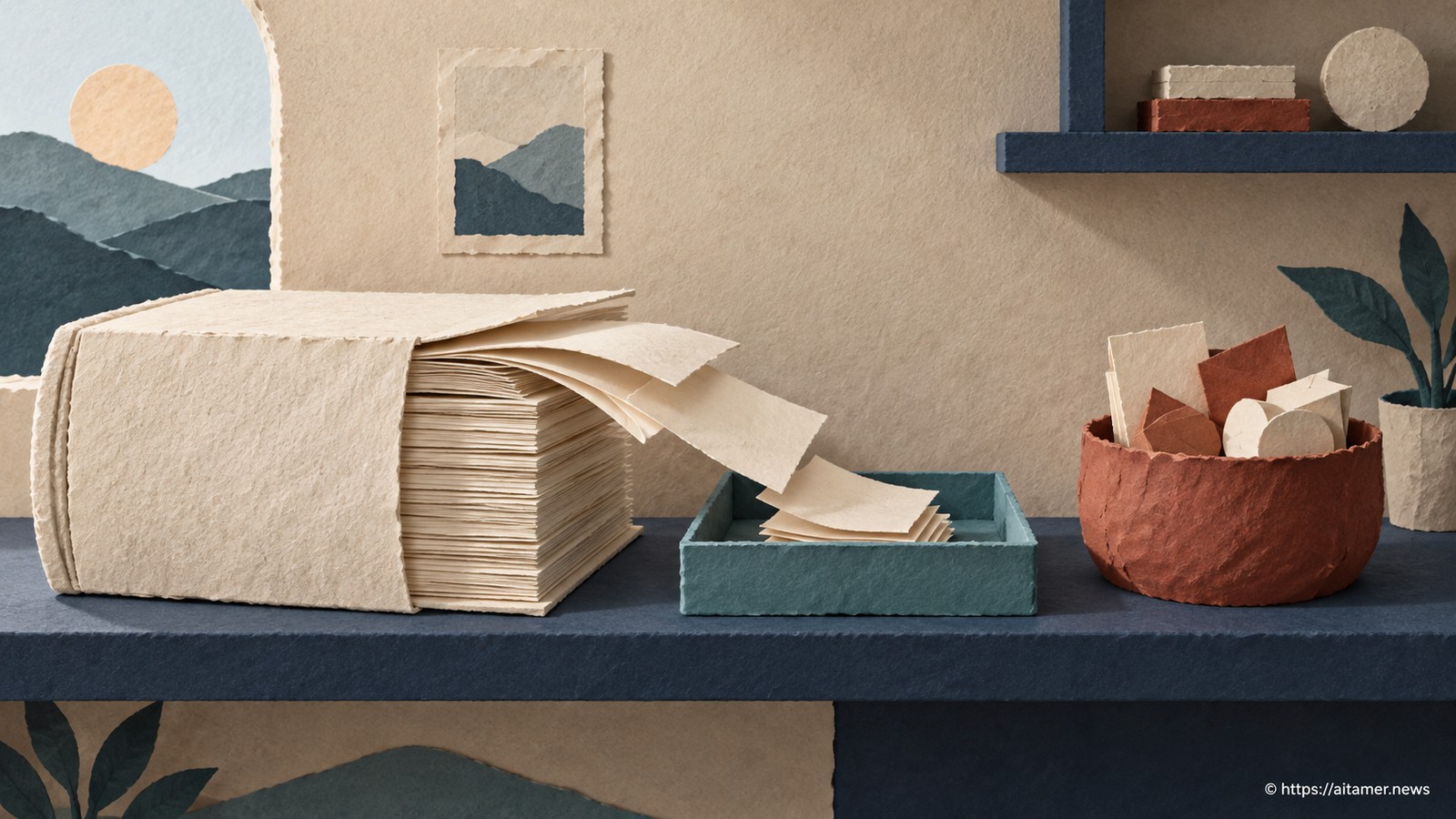 A large cream paper book on a flat slate shelf sends only a few touched pages into a small teal tray; beside it a rust vessel already holds other folded shapes. Lazy mapped pages become resident as touched while other memory still occupies capacity. Quiet layered paper room, no digits.