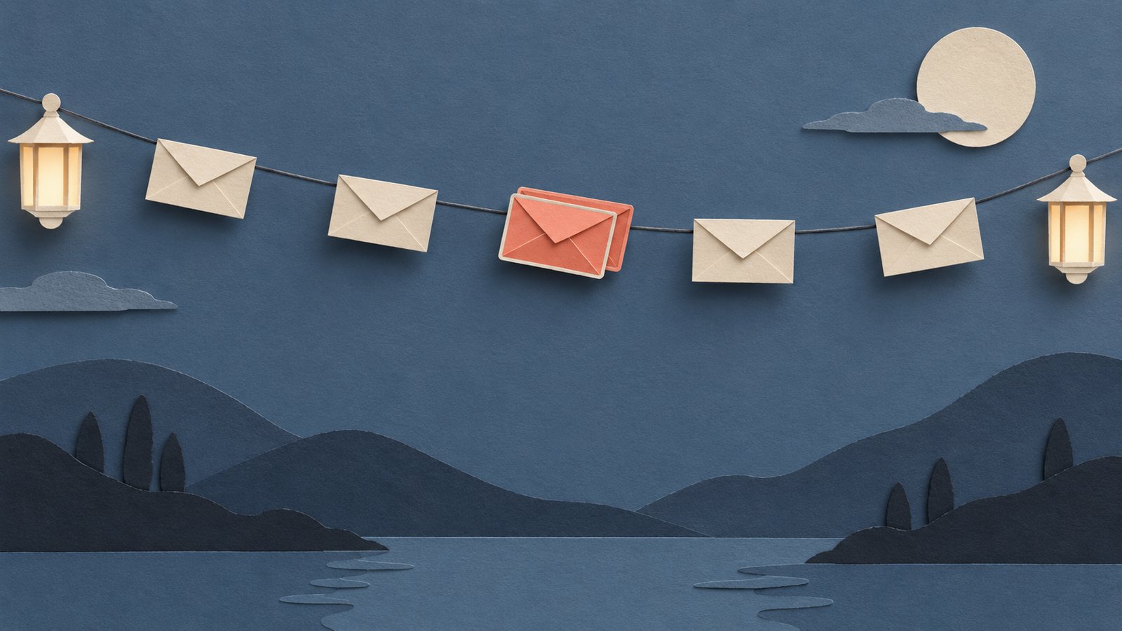 A paper-cut collage on slate blue: cream paper envelopes hang along a wire between two glowing paper lanterns, and one coral envelope has a second copy behind it, as if sent twice.