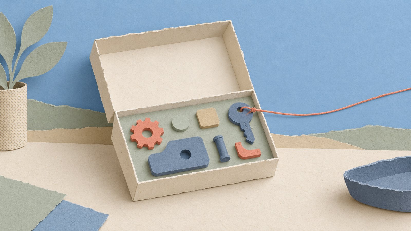 An open cream paper kit holds a gear and device parts, with a coral thread connecting its blue key to something outside the frame.