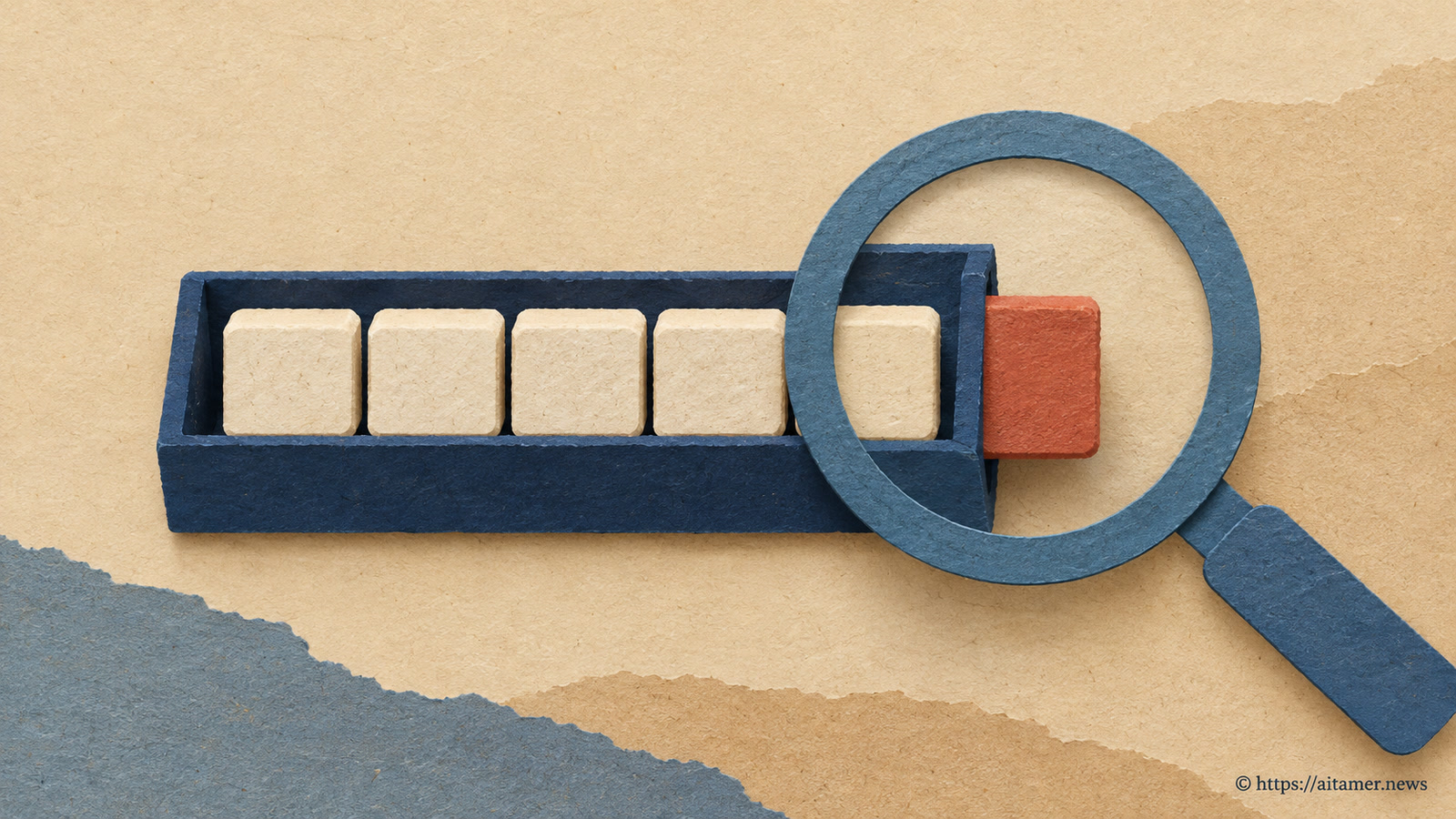 A blue paper magnifying glass highlights a rust-colored block outside a navy tray of cream blocks.