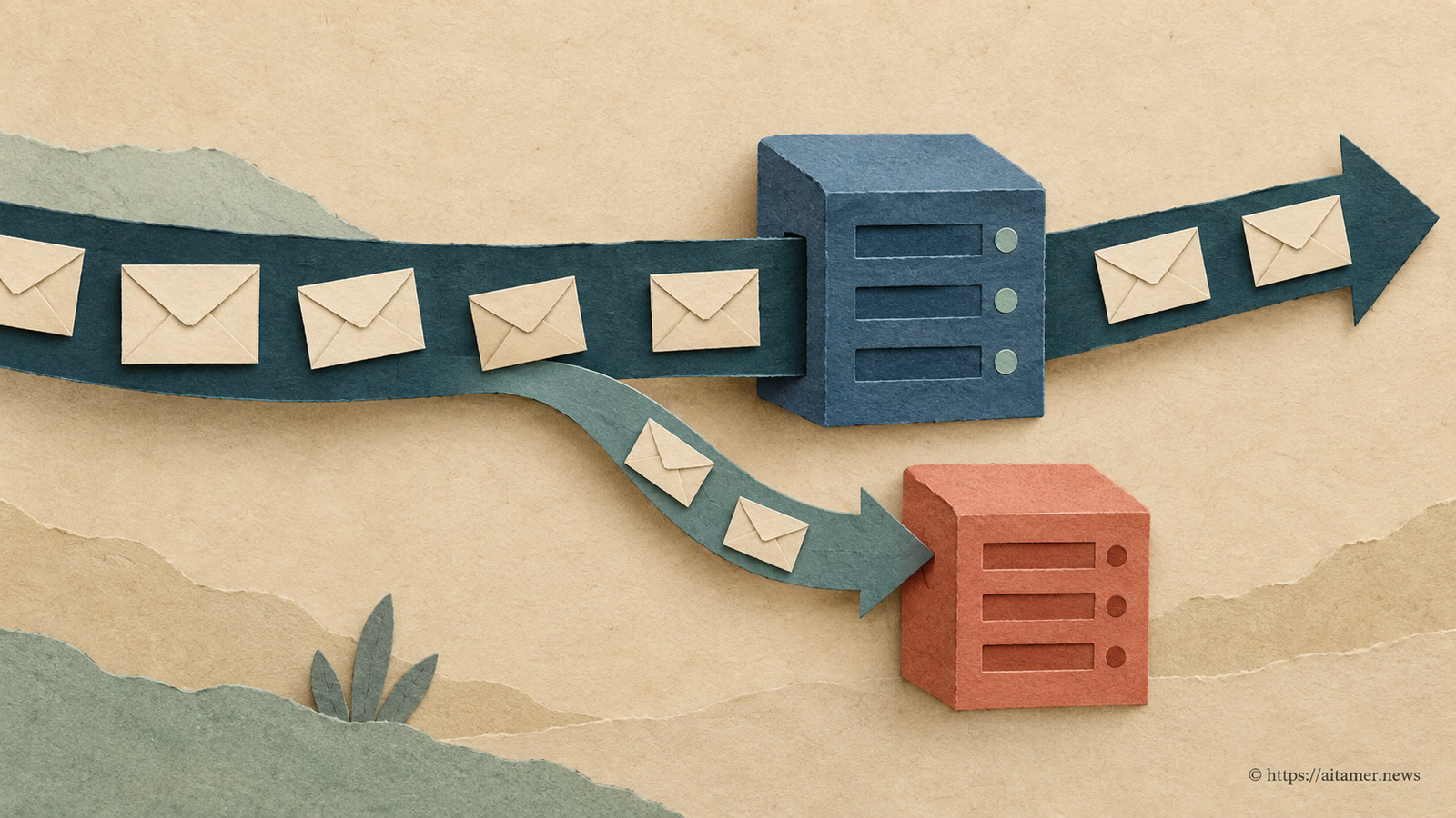 Cream paper envelopes follow a wide teal path through a blue server while a smaller branch carries envelopes into a coral server.