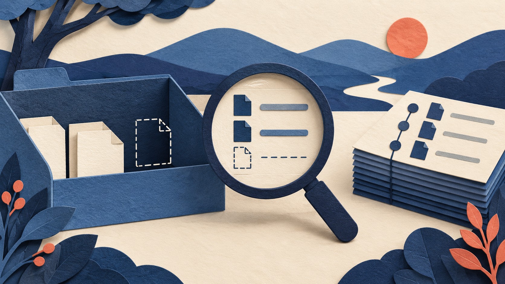 A magnifying glass shows a missing file outline in a folder while a larger repository list still contains it.