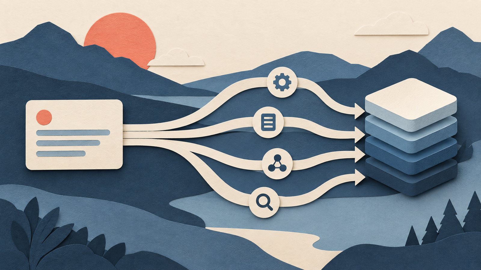 A paper-cut collage of one request card branching across slate-blue paths toward a layered model stack, with a small coral marker.