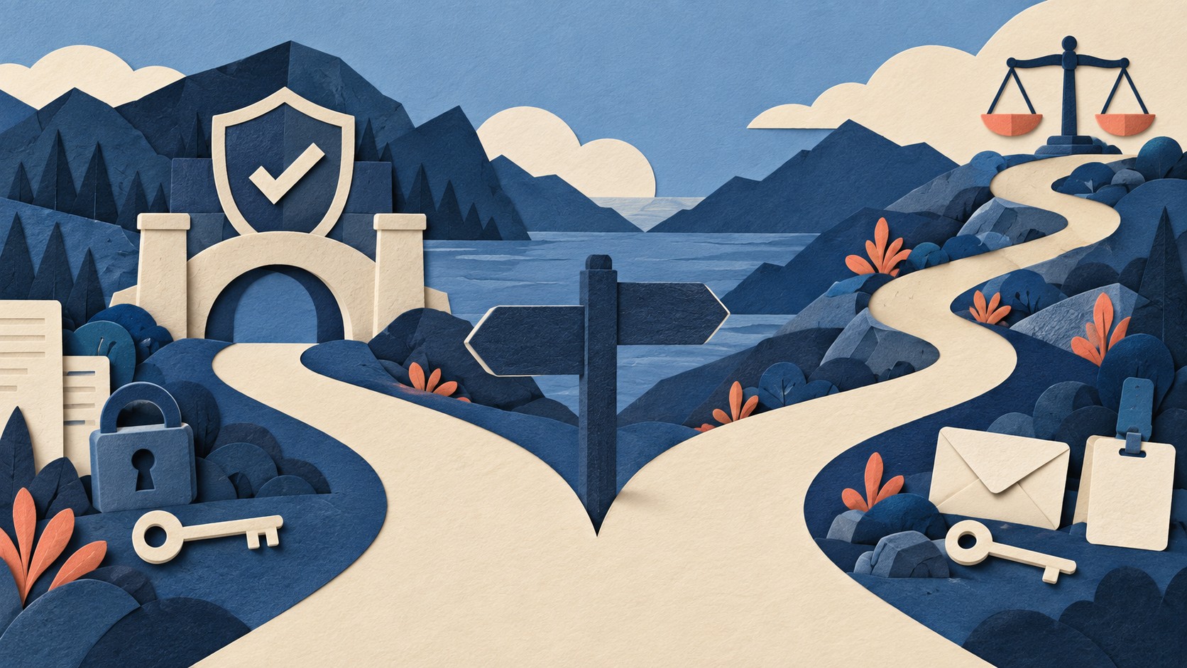 A path forks between a guarded gate with a check mark and a route toward a balance scale.