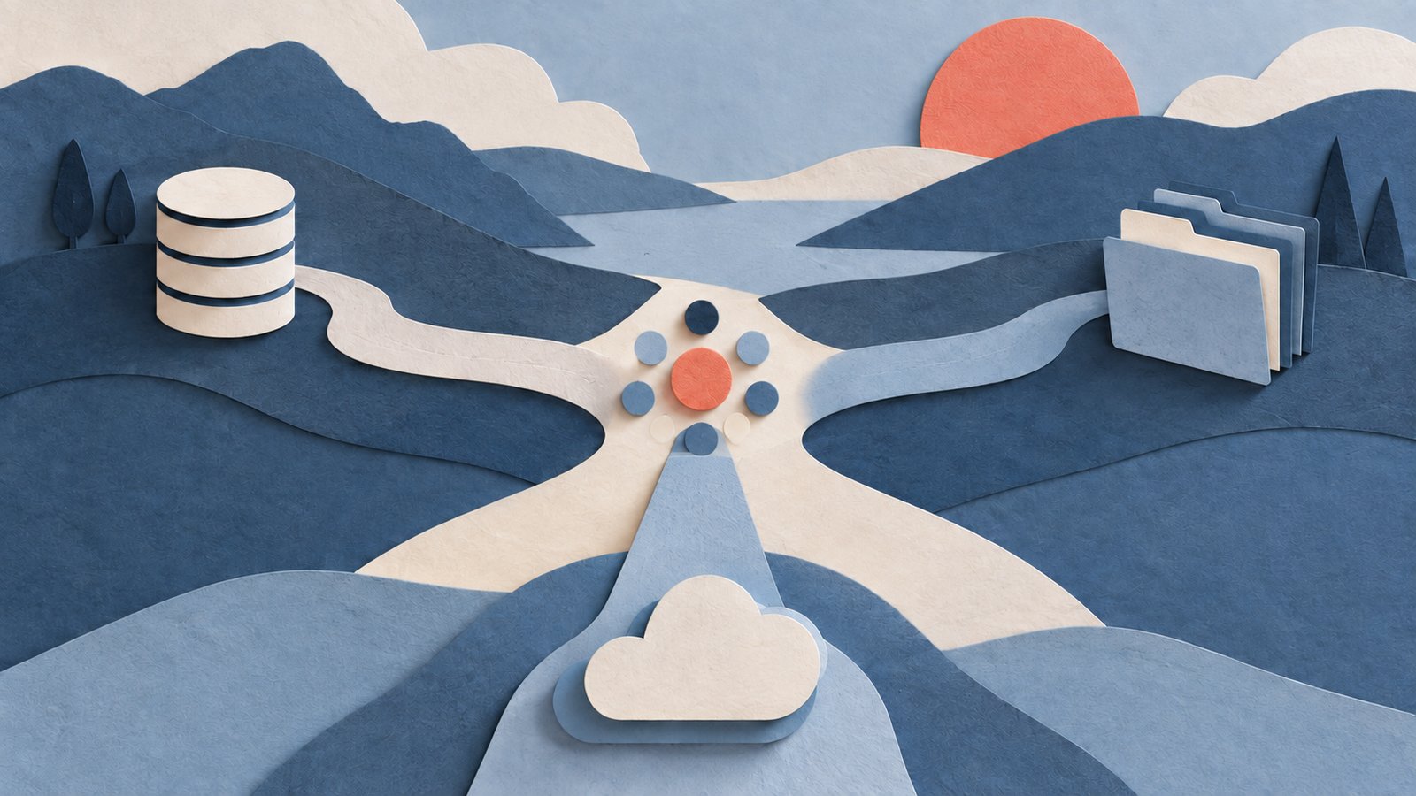 A paper-cut collage of three slate-blue paths meeting at cream and coral vector dots, with a small database cylinder and layered document shapes at either side.