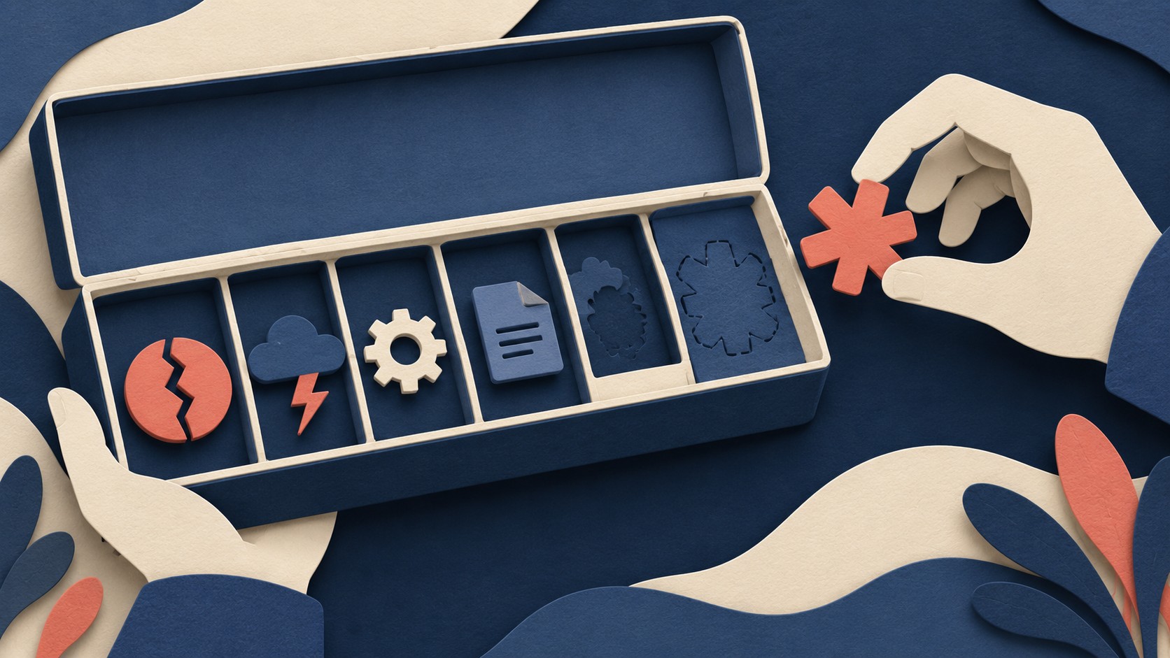 A hand adds a new error symbol to an open box that already holds several error types.