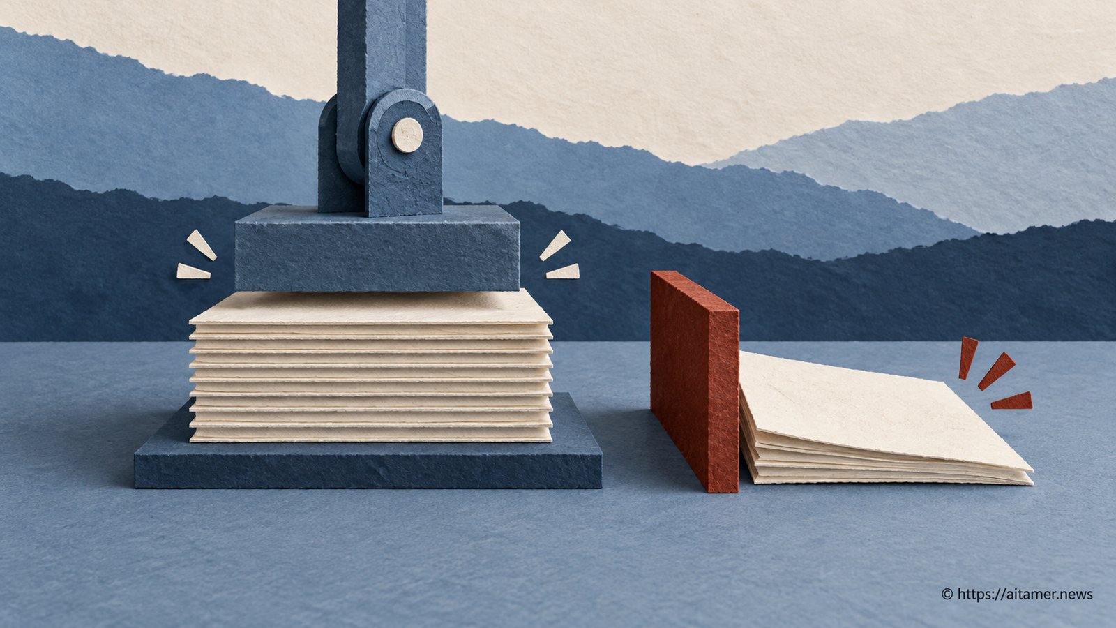 A layered paper stack is pressed into exact alignment while a mismatched sheet is stopped at the edge.