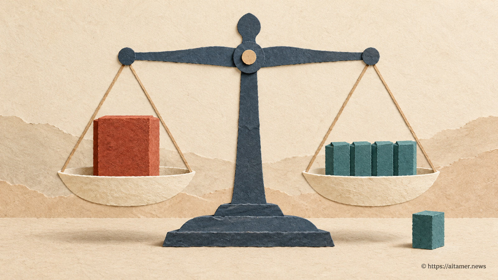 A level paper balance holds a large rust-colored block opposite four small teal blocks, with another teal block beside it.