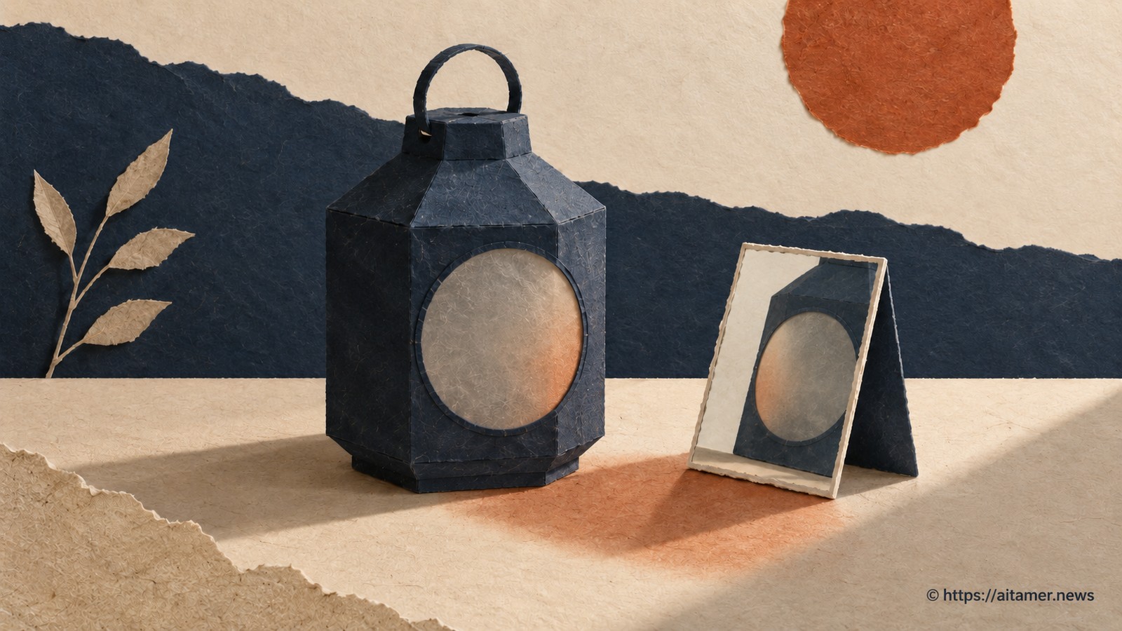 A navy paper lantern has an opaque window, and a nearby paper mirror reflects only its outside.