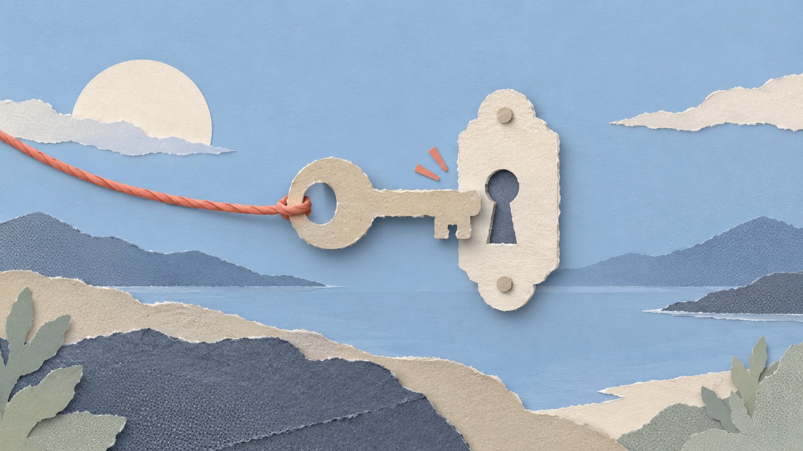 A paper key is gently drawn into alignment with a lock, set in a calm blue landscape collage.