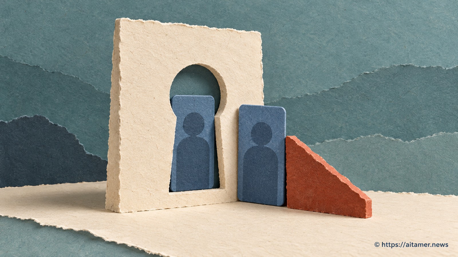 Two identical blue paper cards meet a single occupied keyhole slot in a cream gate, with a rust guide beside the newcomer.