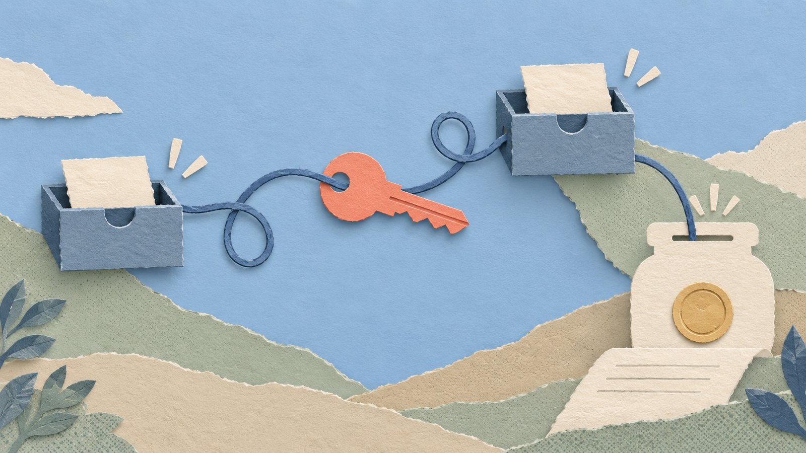 A coral paper key follows two retry paths through layered checkout drawers to one cream jar, rendered as a calm blue-and-sand paper-cut collage.