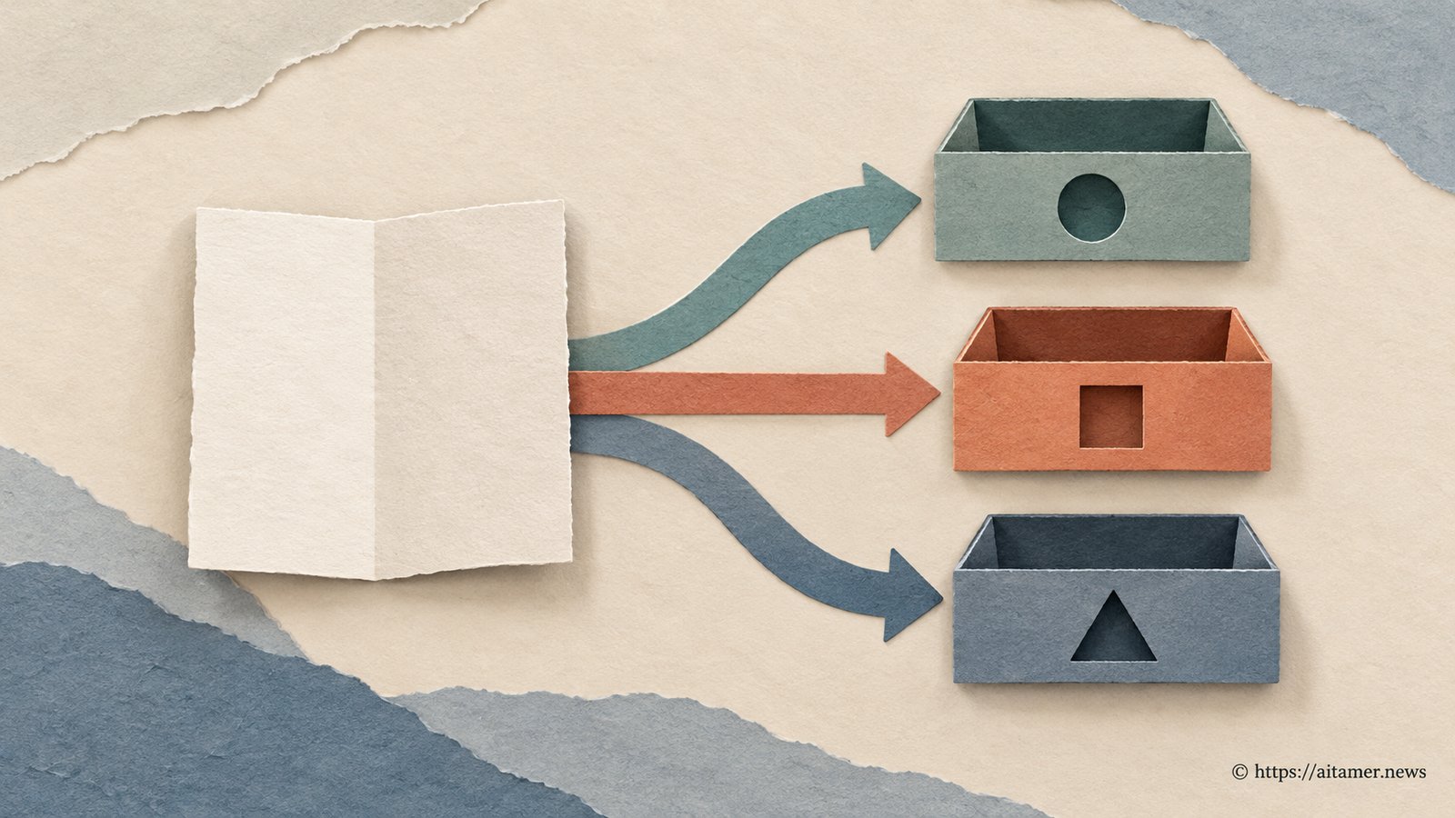 A blank folded paper sheet branches toward three receiving trays with distinct slot shapes against a warm, layered-paper background.