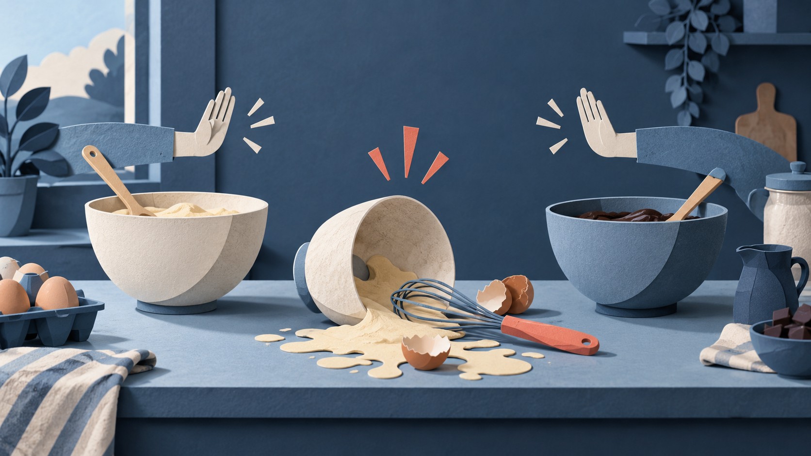 A spilled paper bowl interrupts work at neighboring mixing bowls on an indigo worktop.