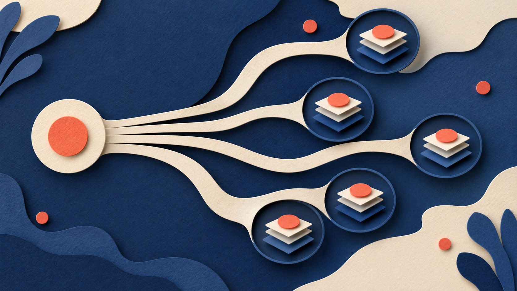 One coral request marker branches across several task circles and stays attached to each.