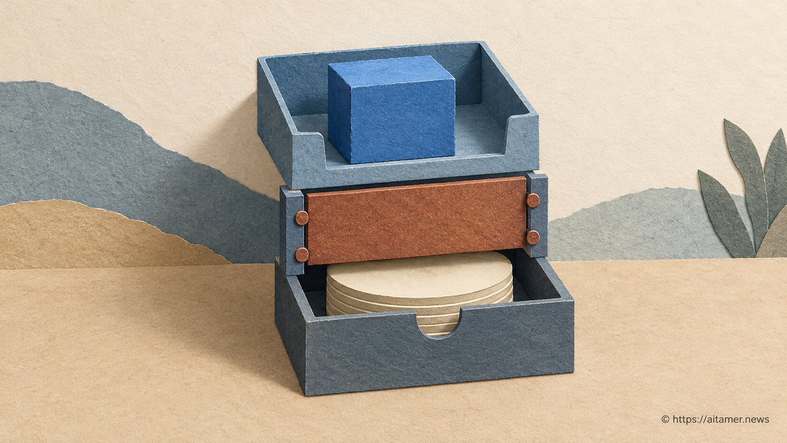 A compact blue paper block sits inside a memory tray, separated by a closed gate from the disk drawer below.